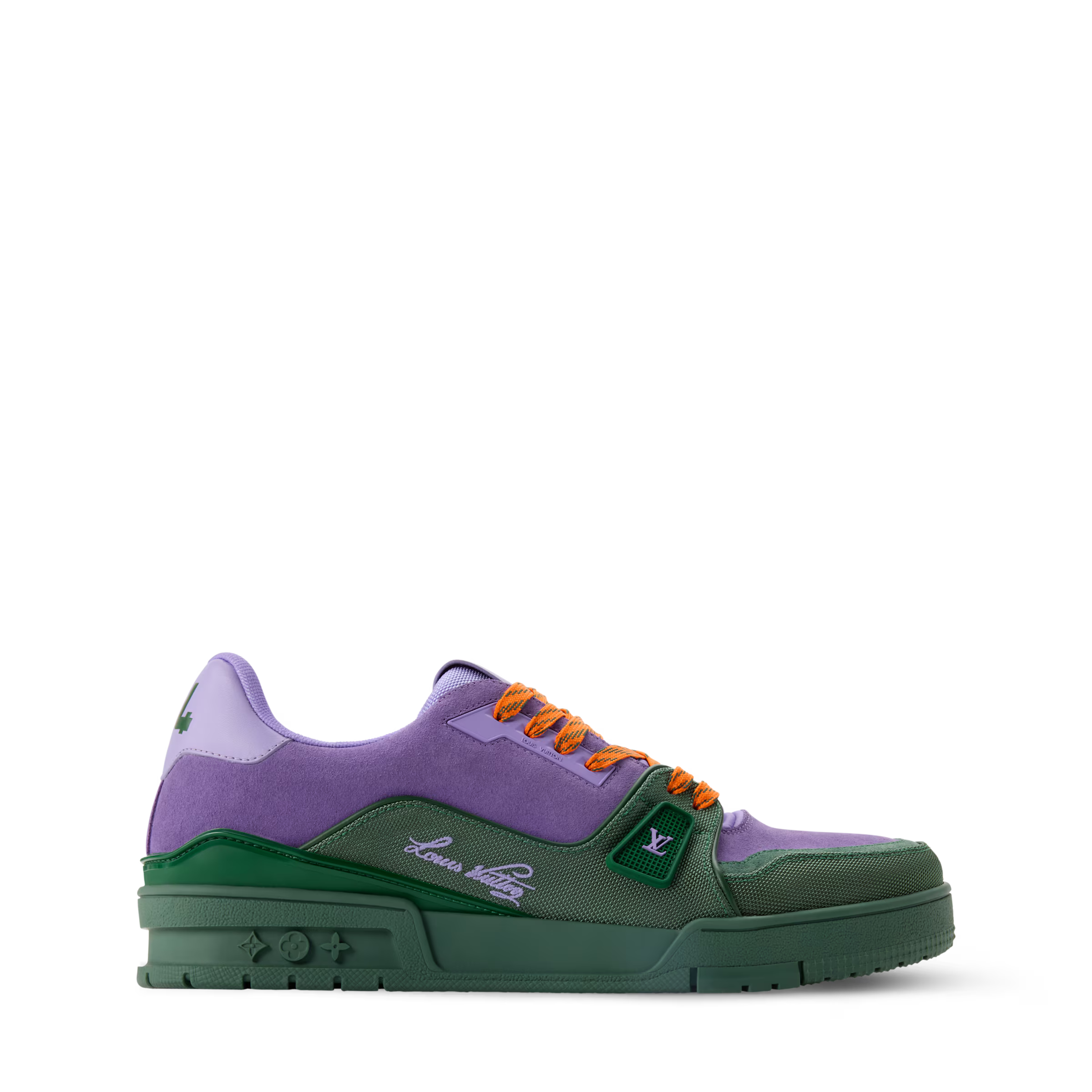 Side view of purple and green LV Trainer sneakers with orange laces and LV tag