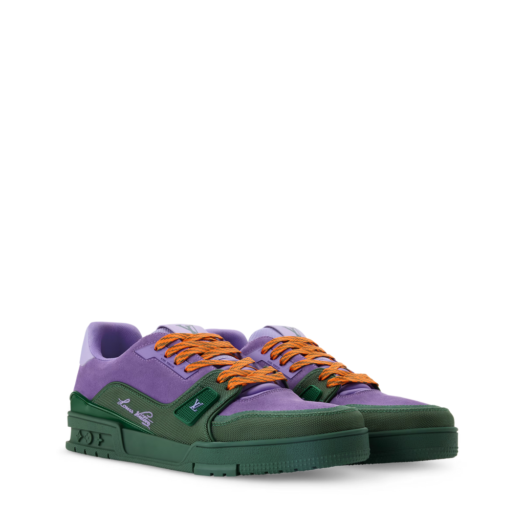 Purple and green LV Trainer sneakers with orange lace-up design
