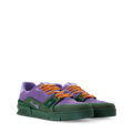Purple and green LV Trainer sneakers with orange lace-up design