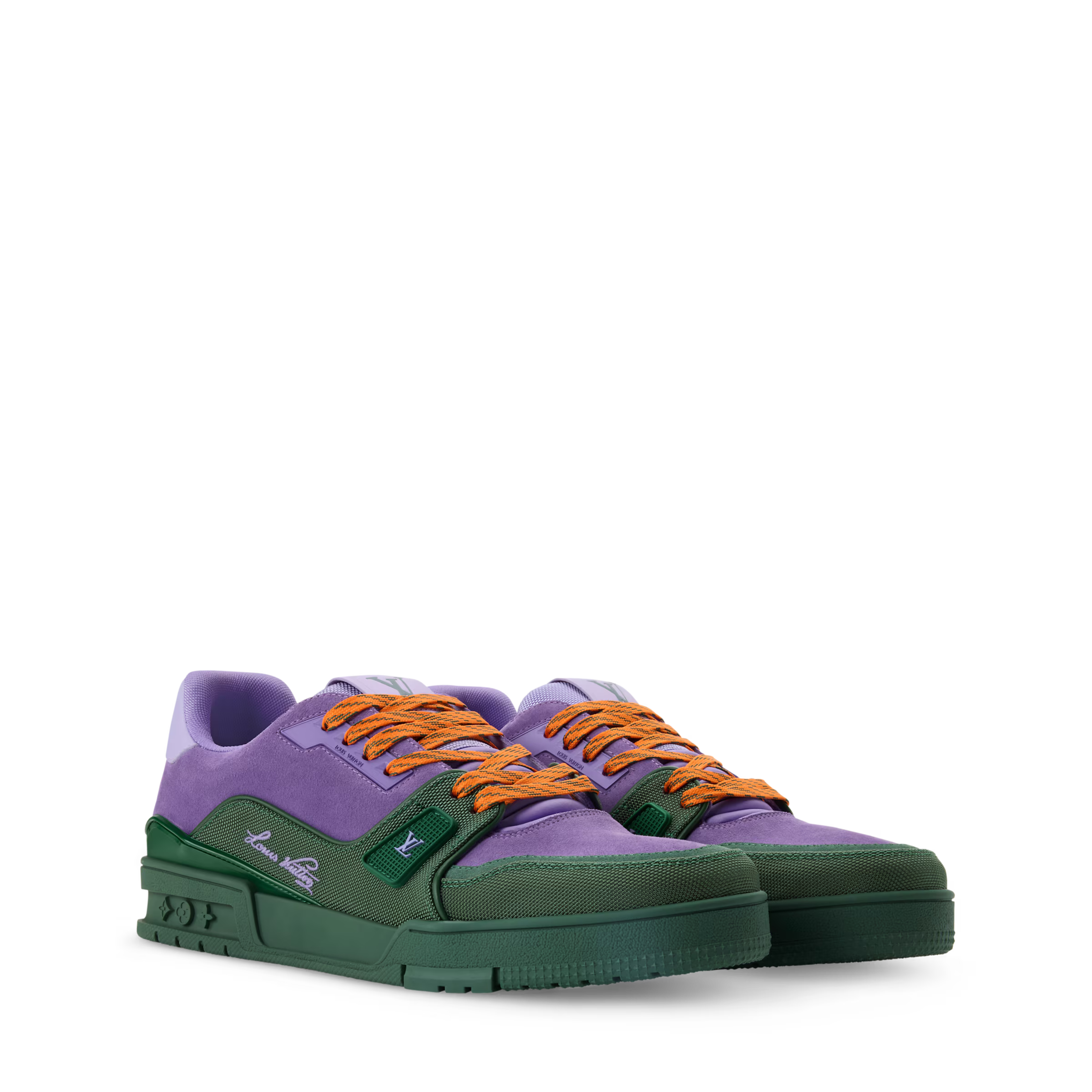 Purple and green LV Trainer sneakers with orange lace-up design