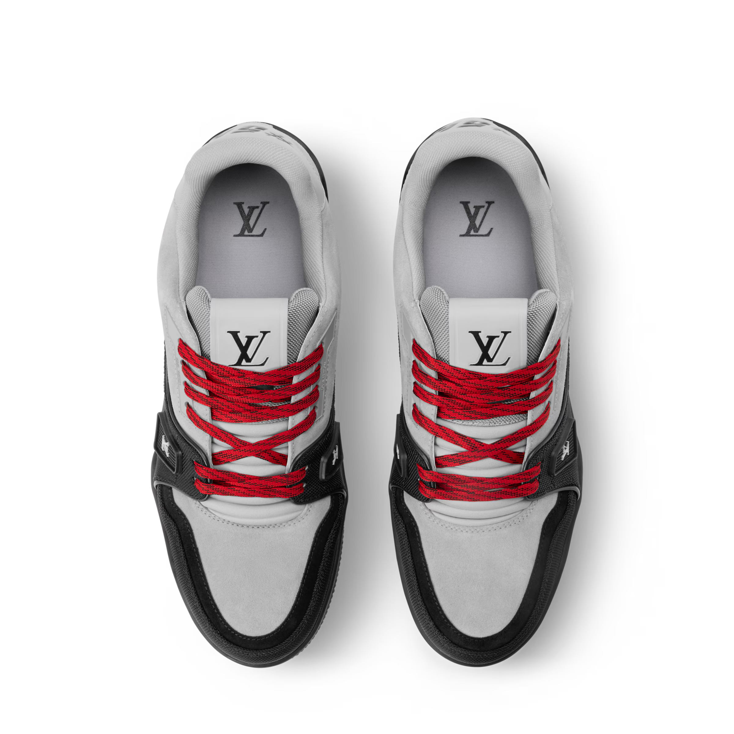White-and-gray sneaker with red laces and LV logo on tongue and heel