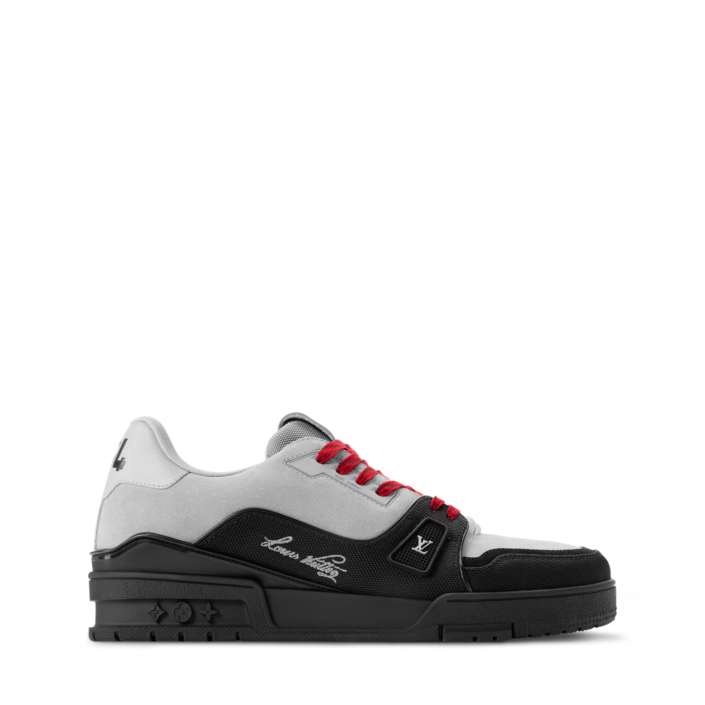 Side view of two-tone sneaker with red laces and LV emblem on black panel