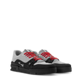 Two-tone sneaker with red laces, black side panels, and chunky black sole