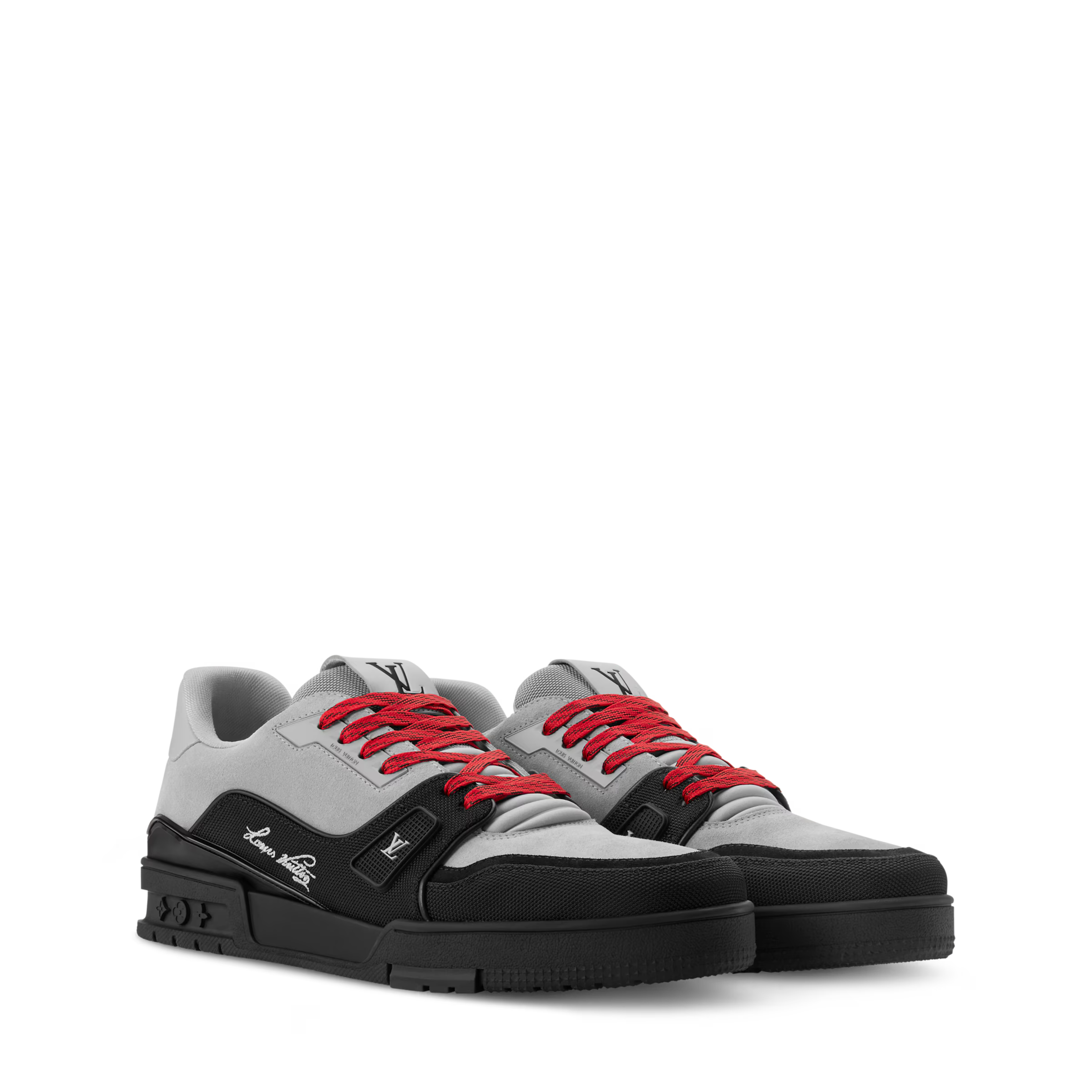 Two-tone sneaker with red laces, black side panels, and chunky black sole