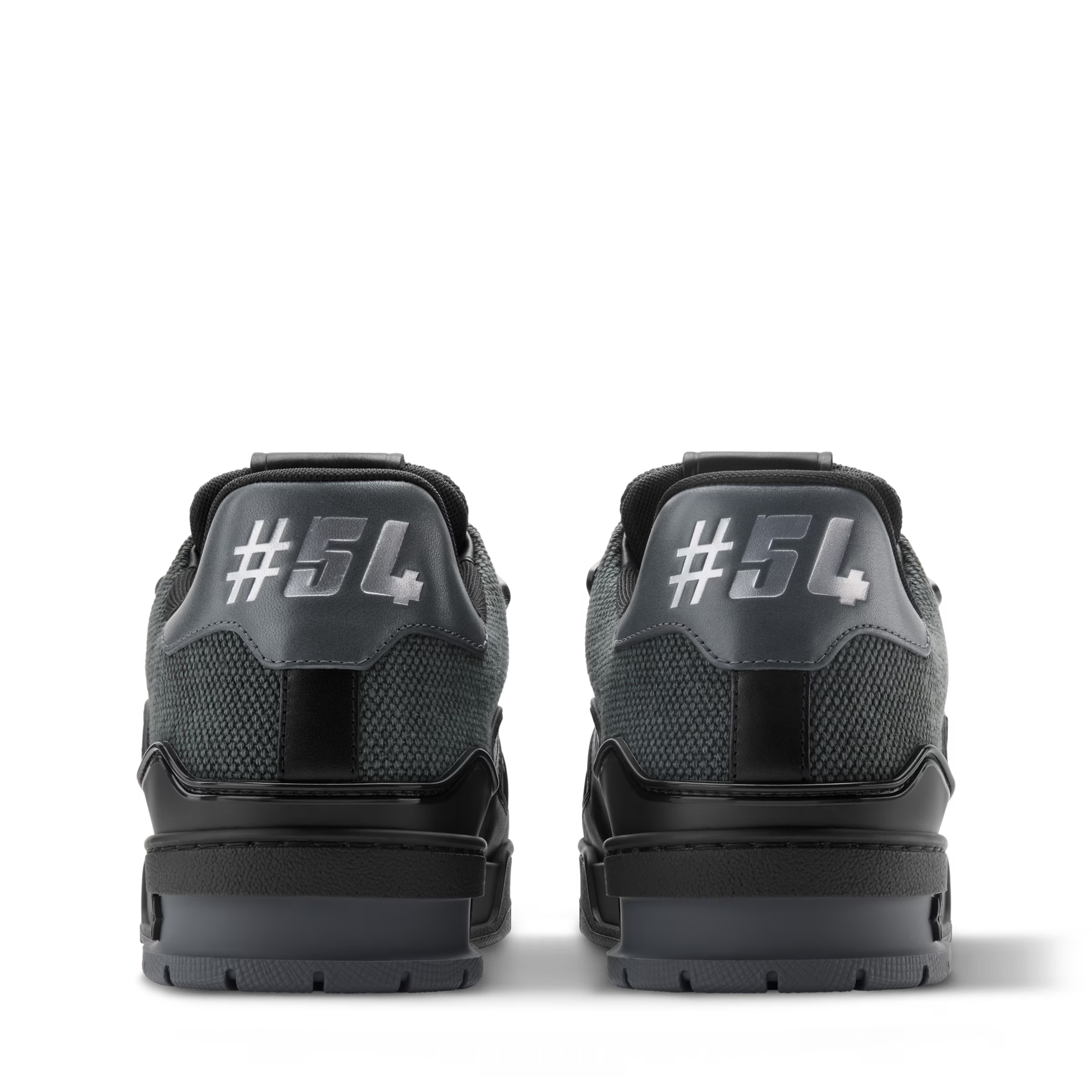 Black LV Trainer sneaker, rear view with #54 heel panel and padded collar.