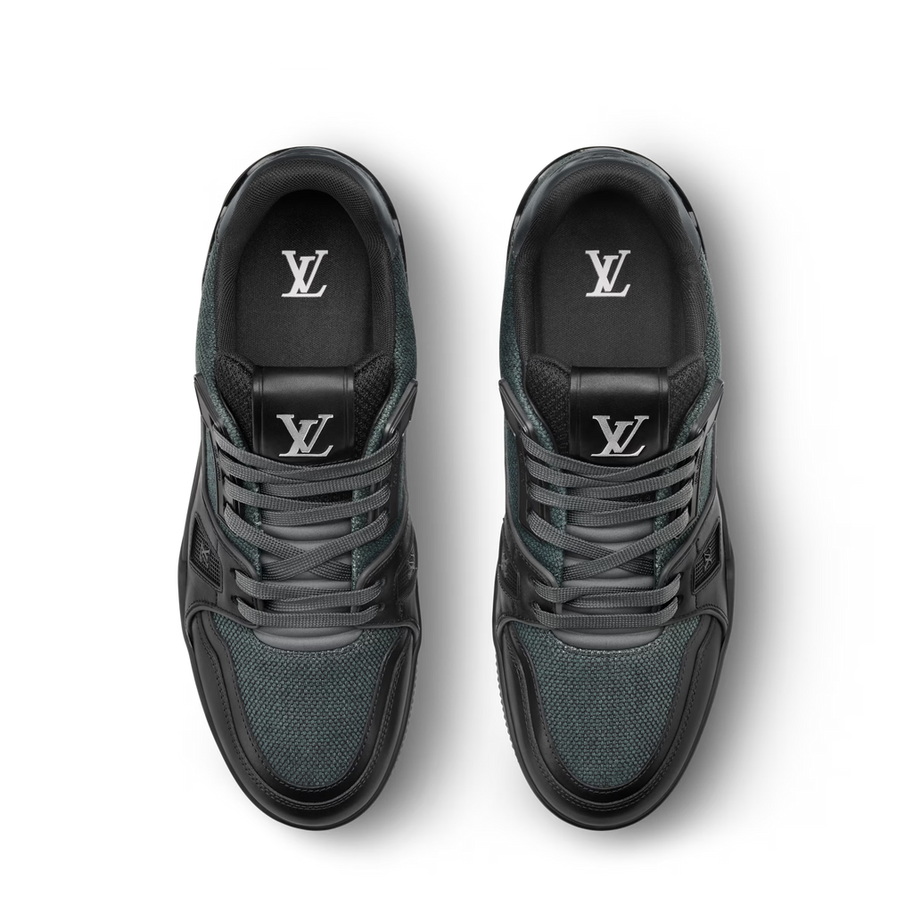 Dark LV Trainer sneaker, lace-up with LV logo on tongue and padded collar.