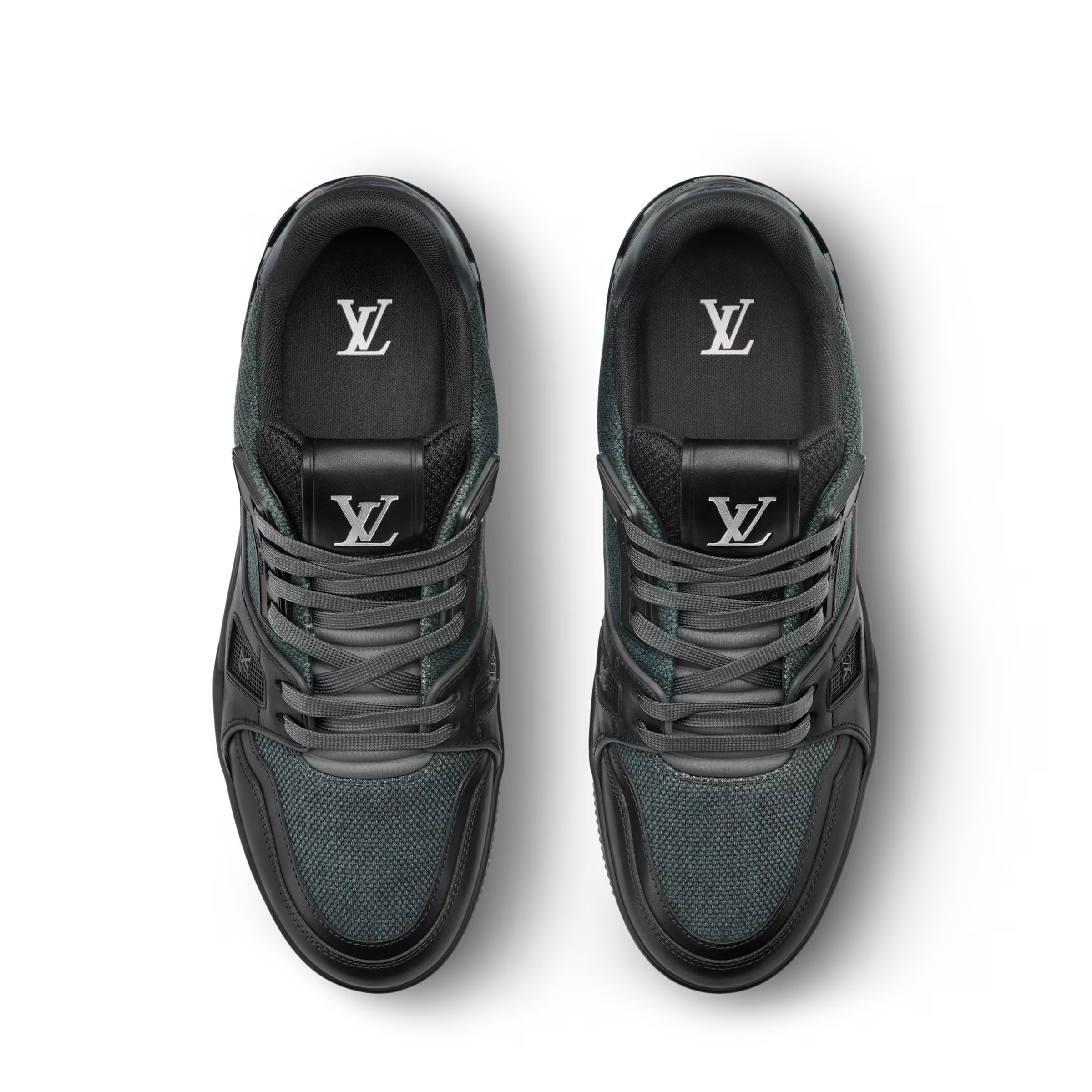 Dark LV Trainer sneaker, lace-up with LV logo on tongue and padded collar.