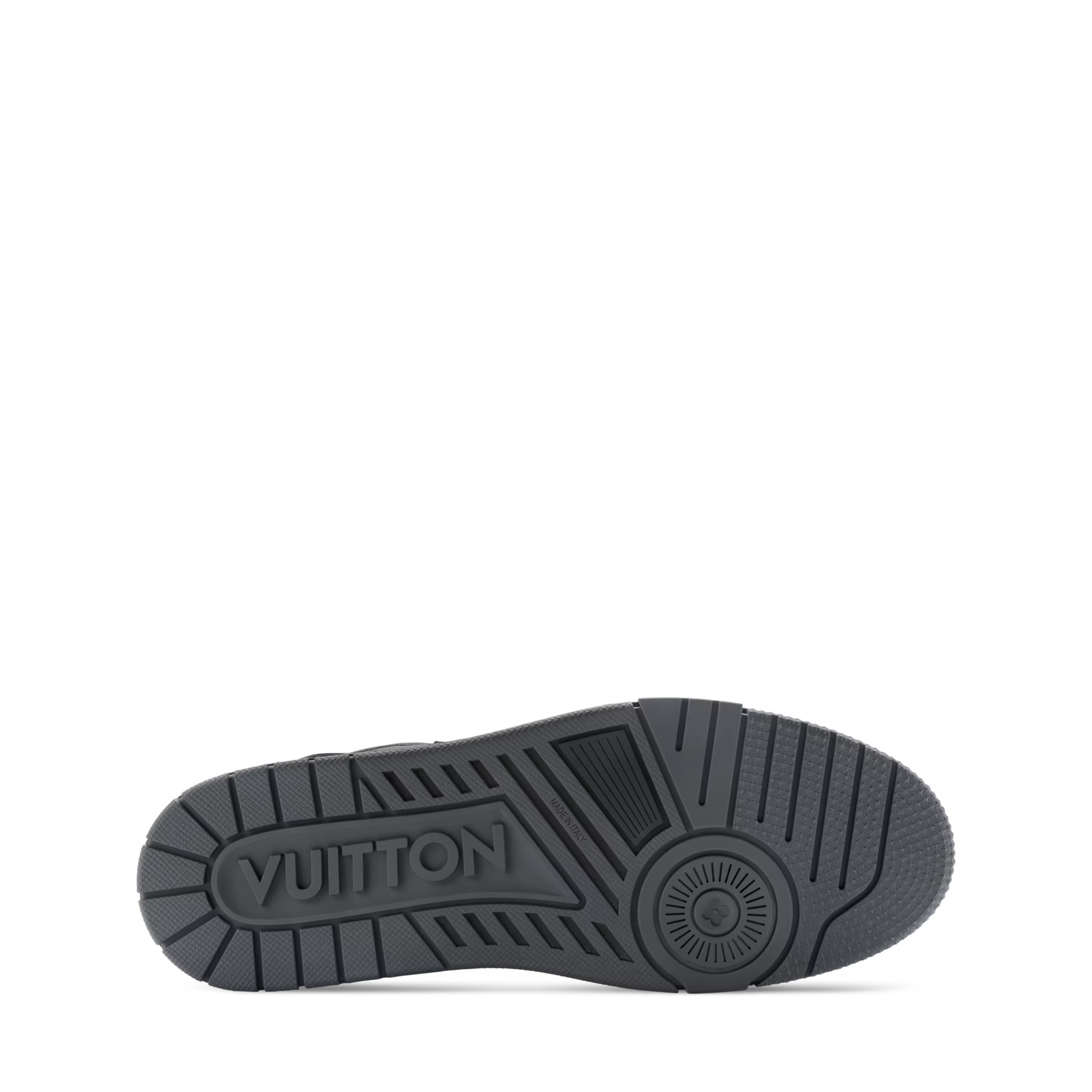 LV Trainer sneaker outsole tread with VUITTON embossed logo pattern.