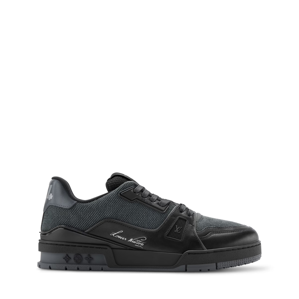 Black LV Trainer sneaker, side profile with textured upper and strap-like detail.