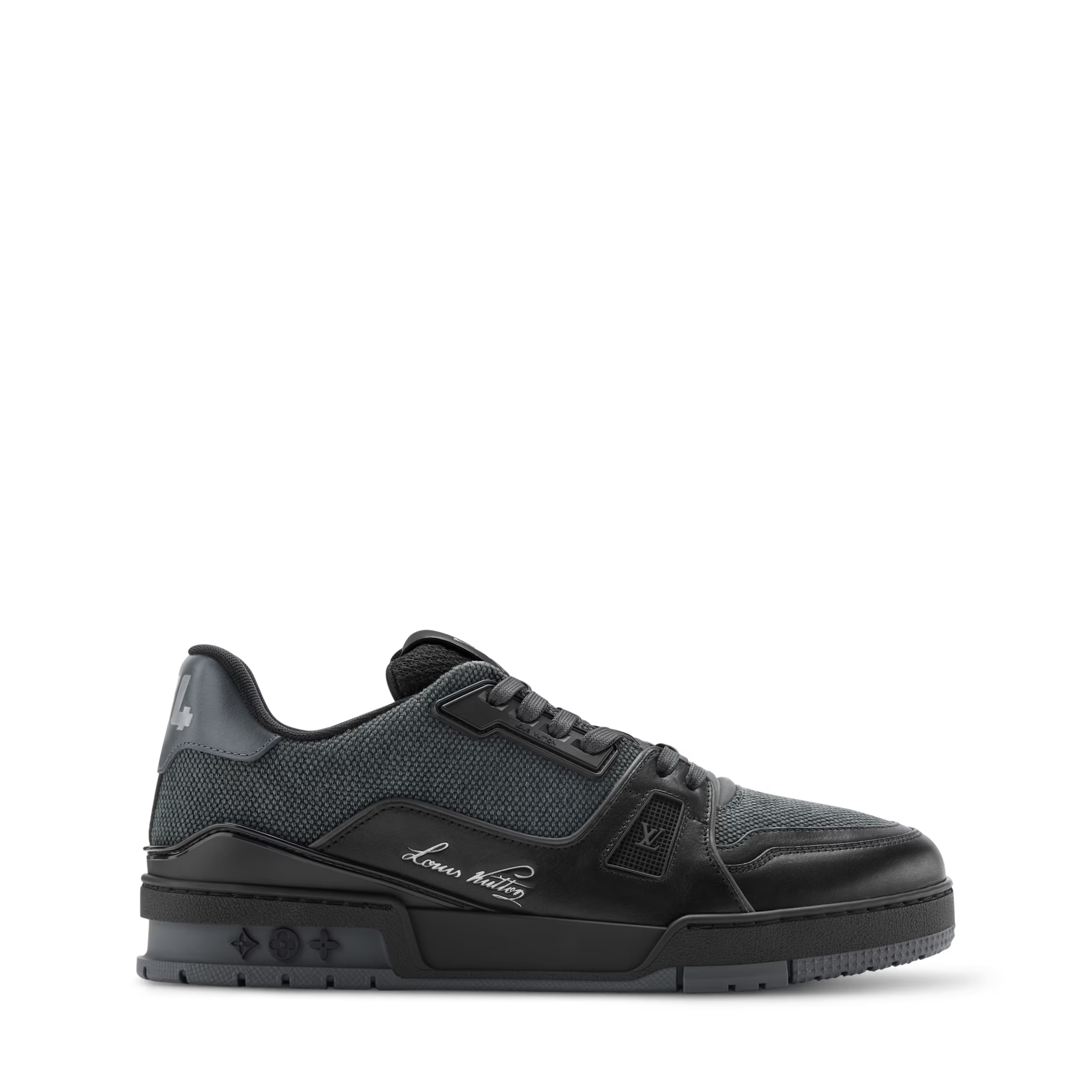 Black LV Trainer sneaker, side profile with textured upper and strap-like detail.