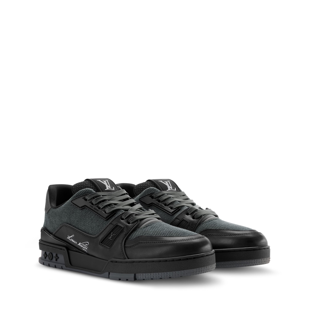 Black LV Trainer sneaker, front angle with lace-up vamp and LV logo branding.