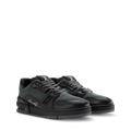 Black LV Trainer sneaker, front angle with lace-up vamp and LV logo branding.