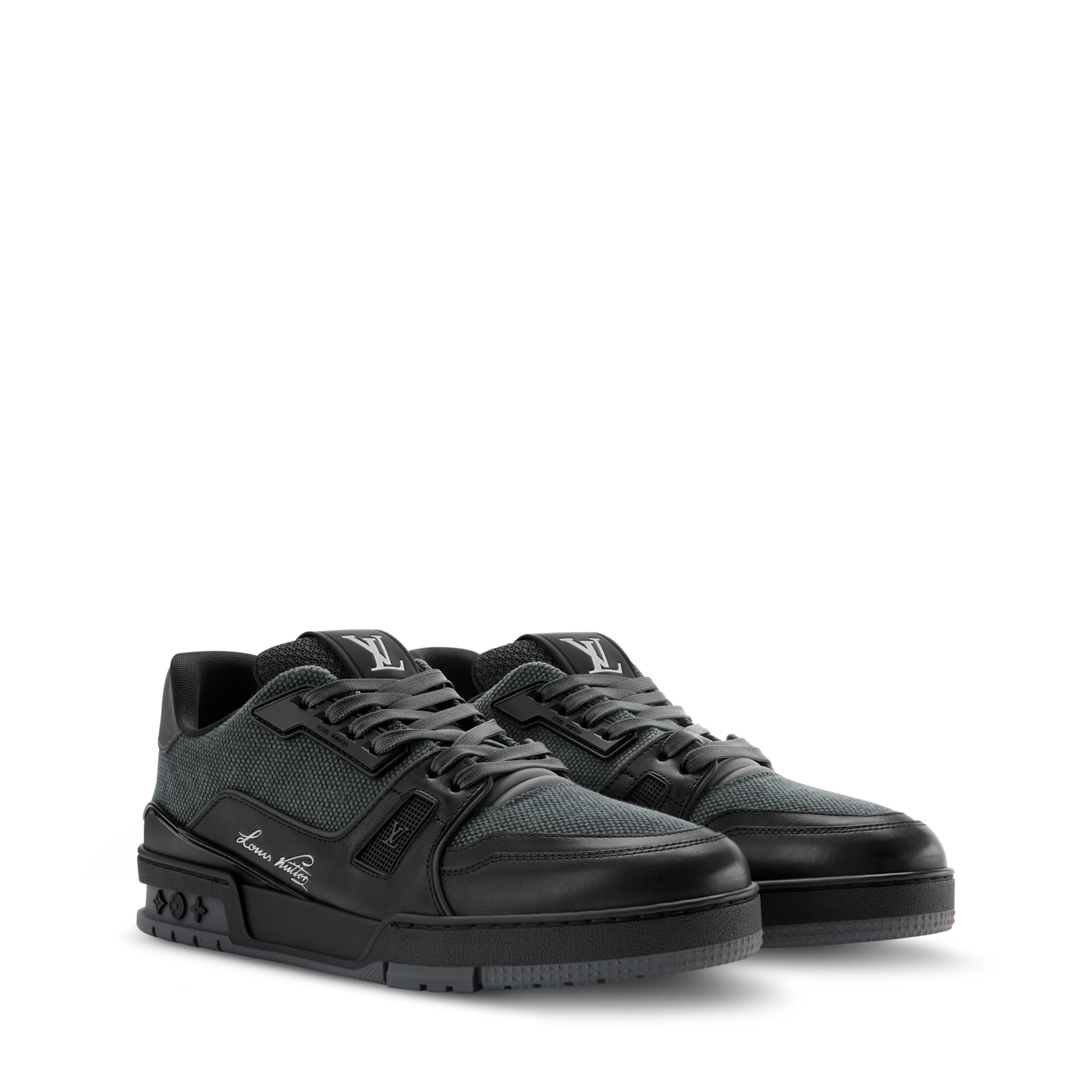 Black LV Trainer sneaker, front angle with lace-up vamp and LV logo branding.