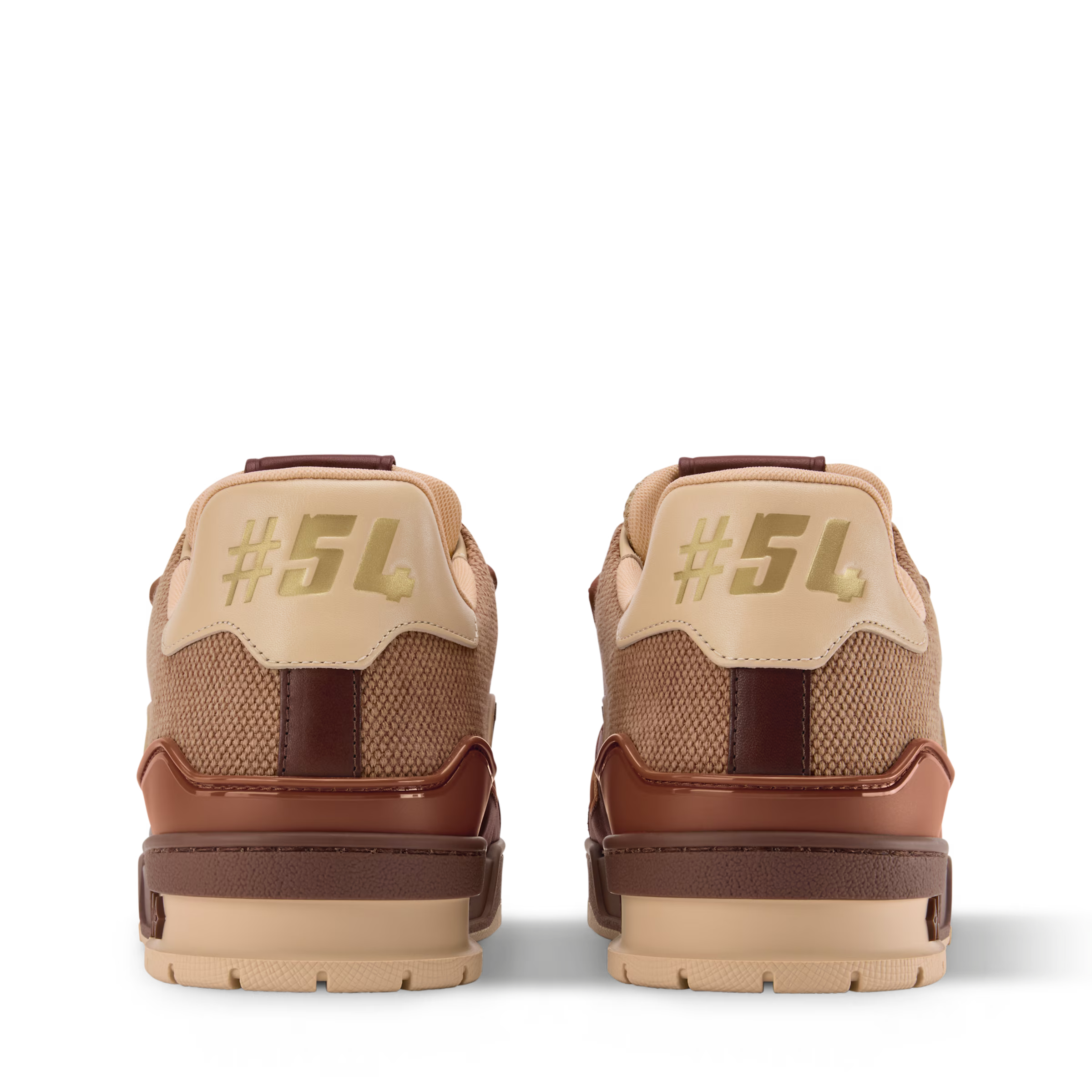 LV Trainer sneaker heels, tan #54 tabs and dark brown leather with stacked sole