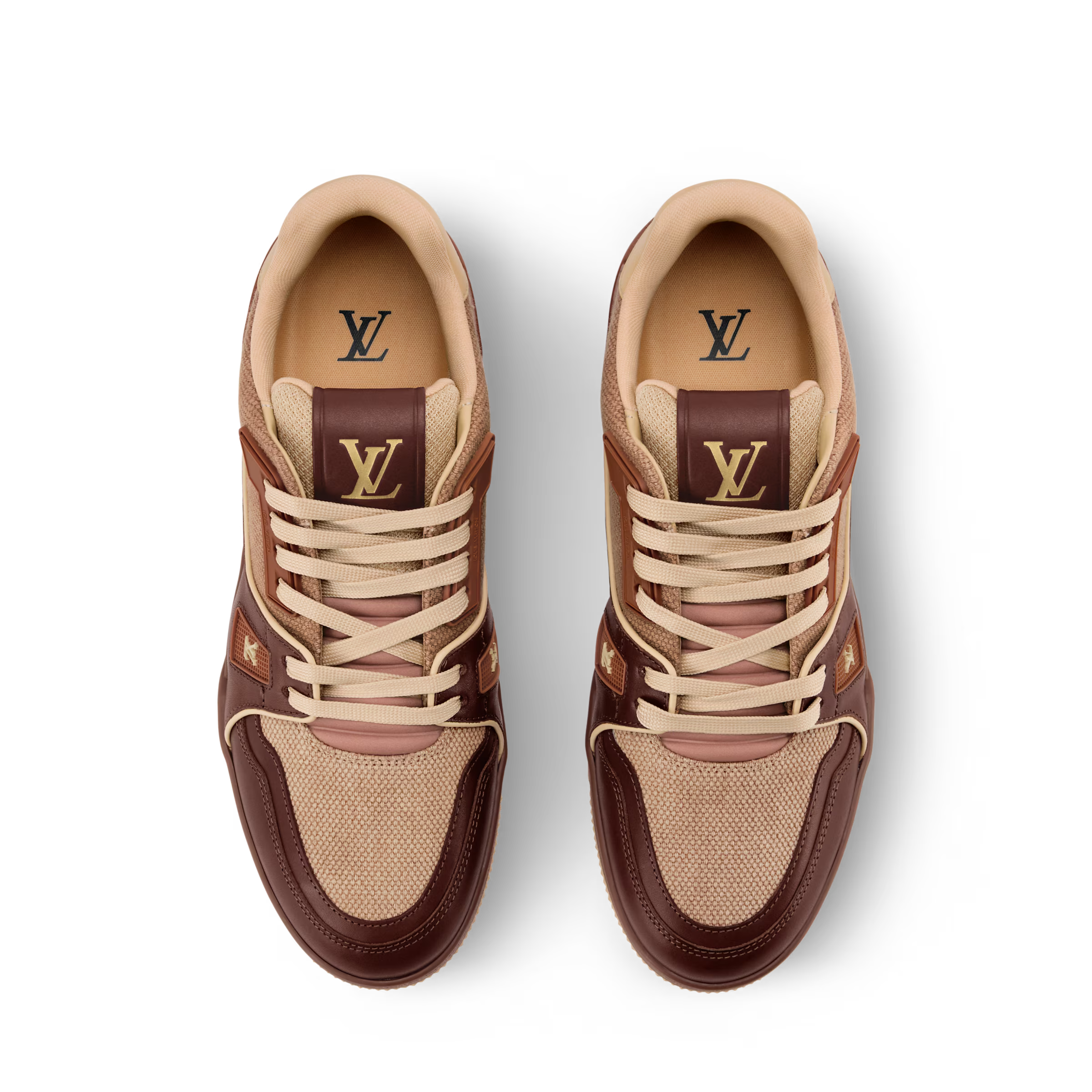 Pair of LV Trainer sneakers with dark brown uppers, tan laces, and LV branding on tongues