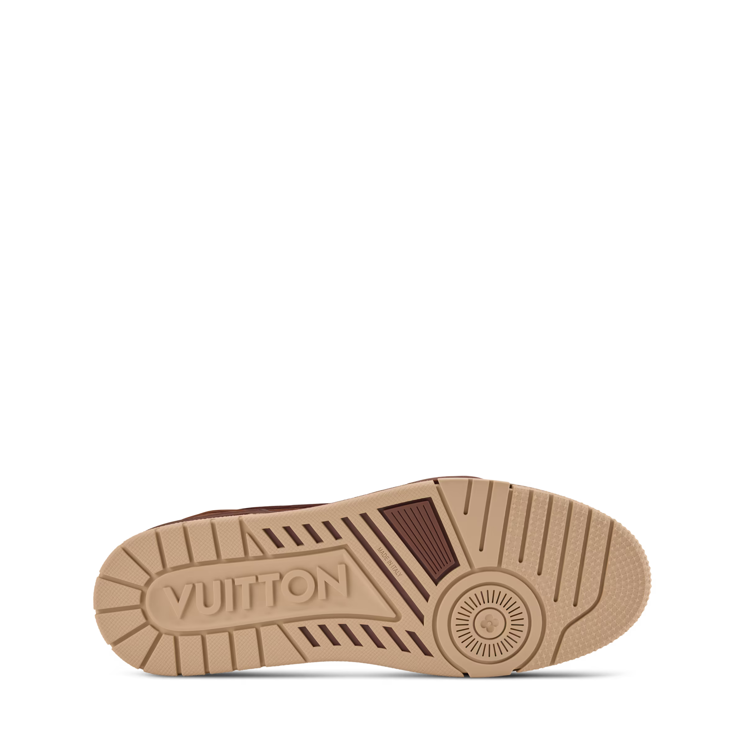 LV Trainer sneaker outsole with beige tread and LV logo on the heel area