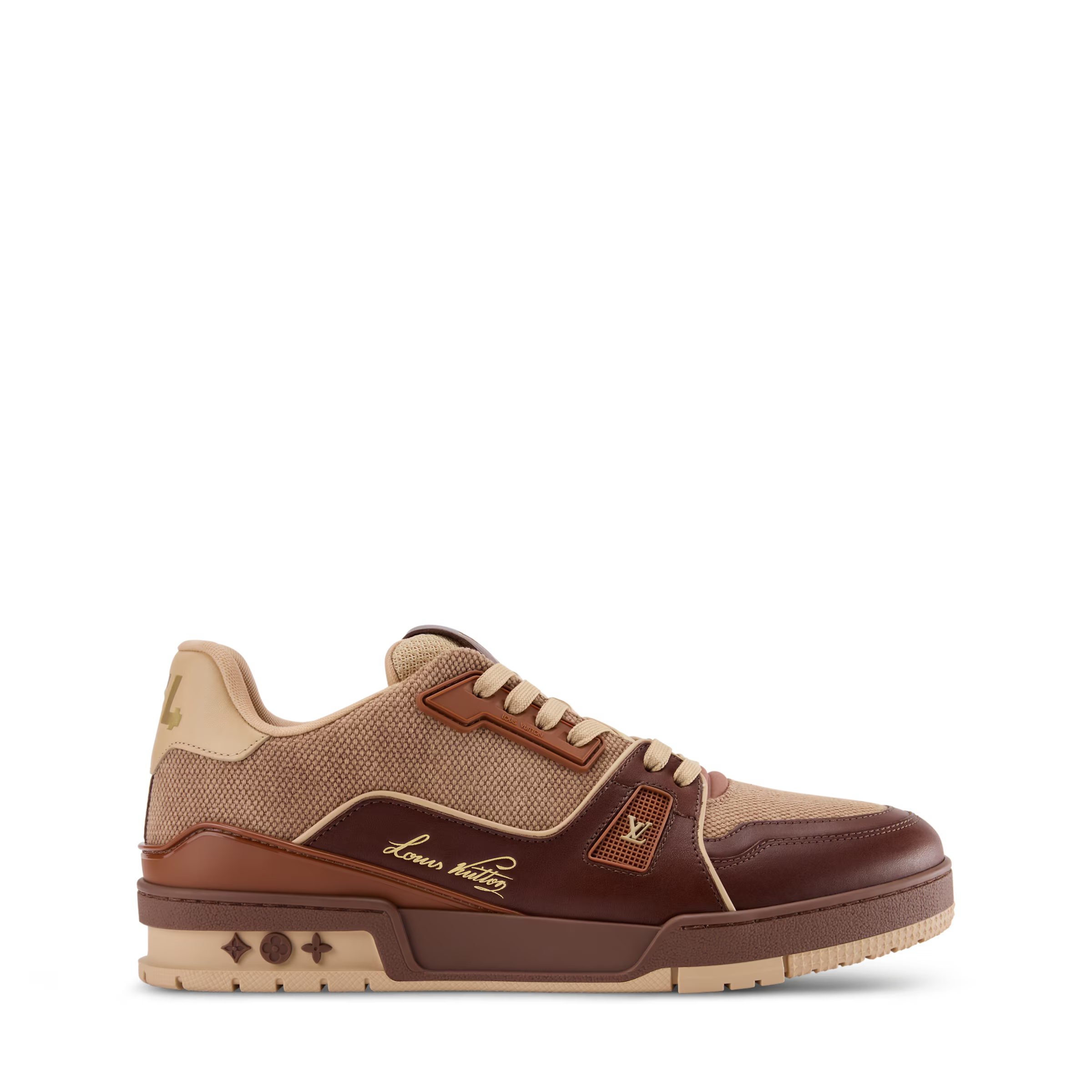 LV Trainer sneaker side view in tan mesh and dark brown leather with cream laces