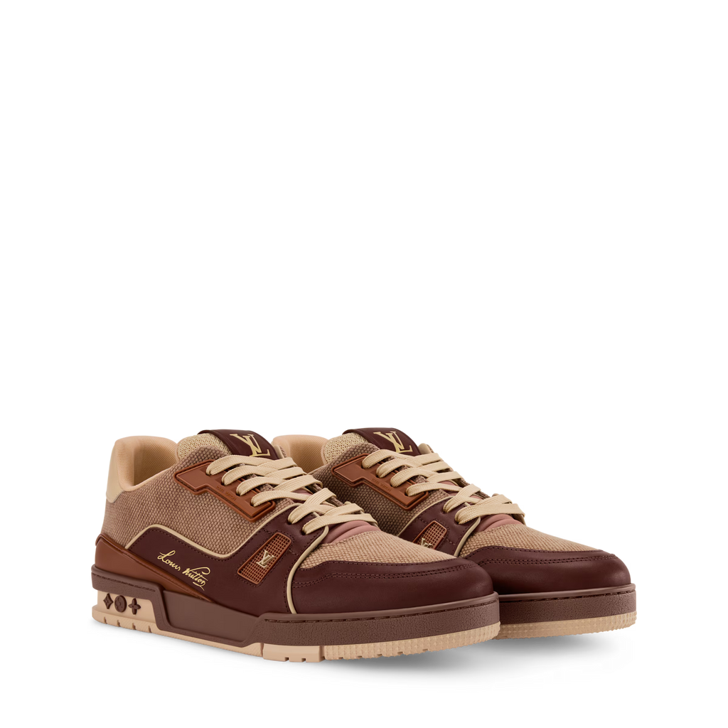 LV Trainer sneaker in dark brown with tan panels, lace-up design, chunky sole