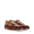 LV Trainer sneaker in dark brown with tan panels, lace-up design, chunky sole