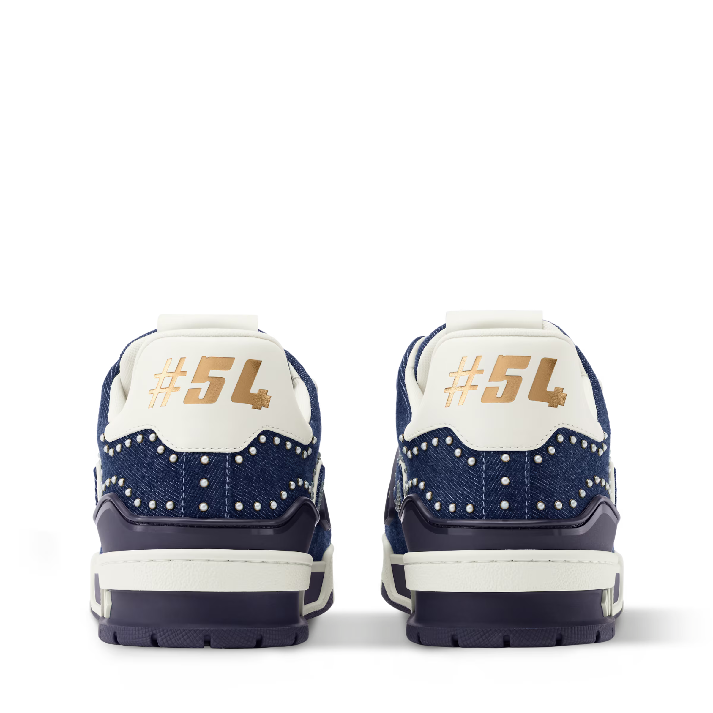 LV Trainer sneaker rear view, navy blue uppers with white heel patch and #SL print