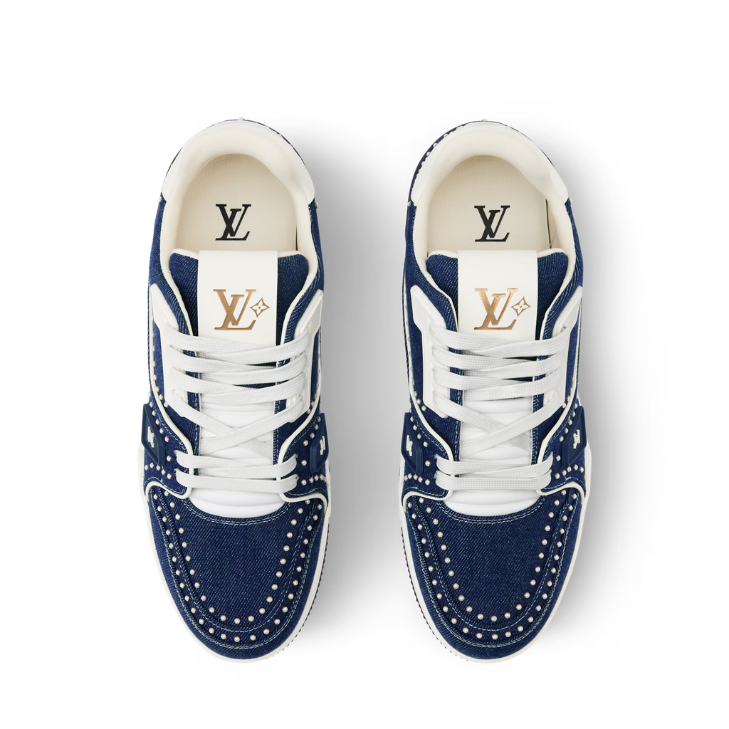 LV Trainer sneaker pair, navy blue with white laces and white leather lining