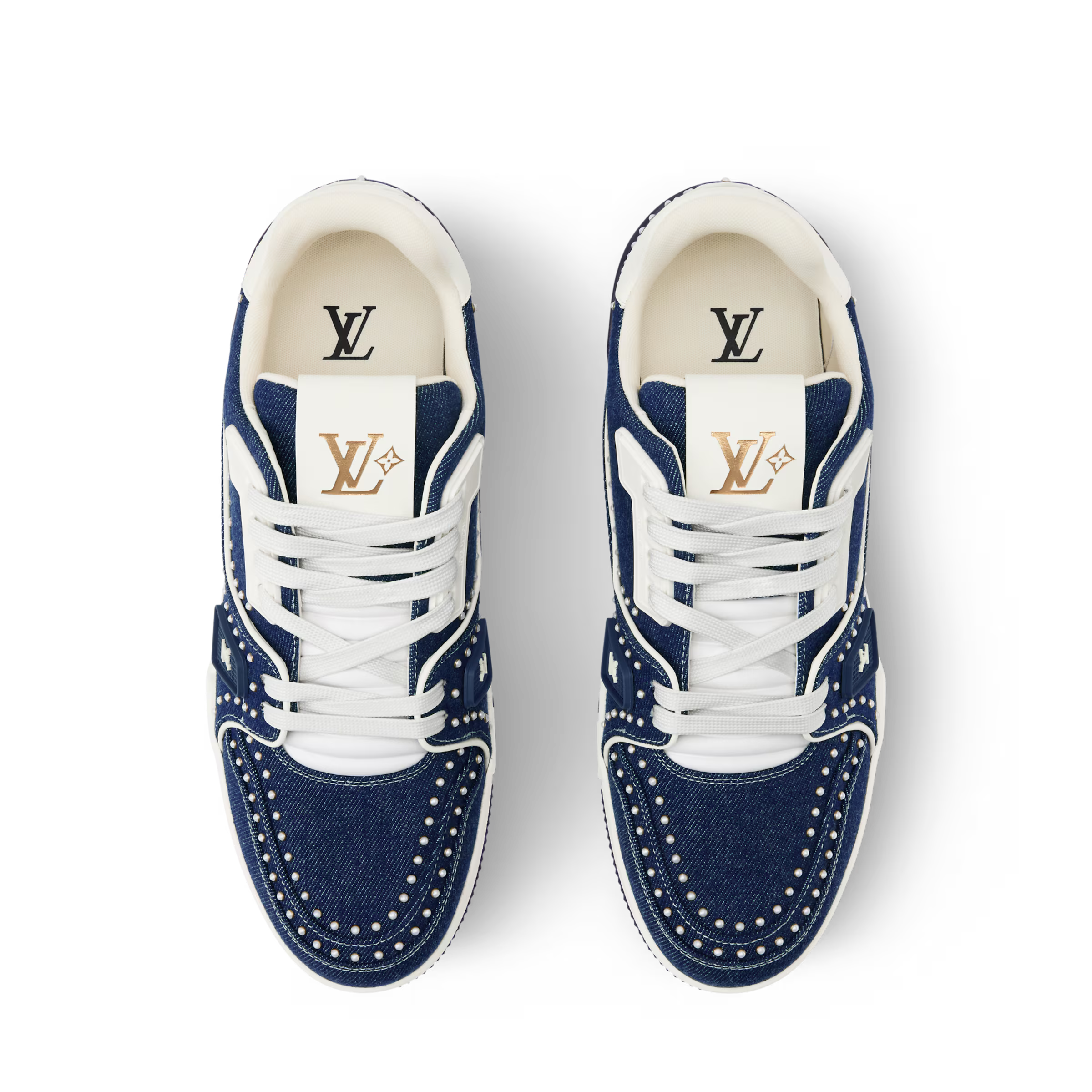 LV Trainer sneaker pair, navy blue with white laces and white leather lining