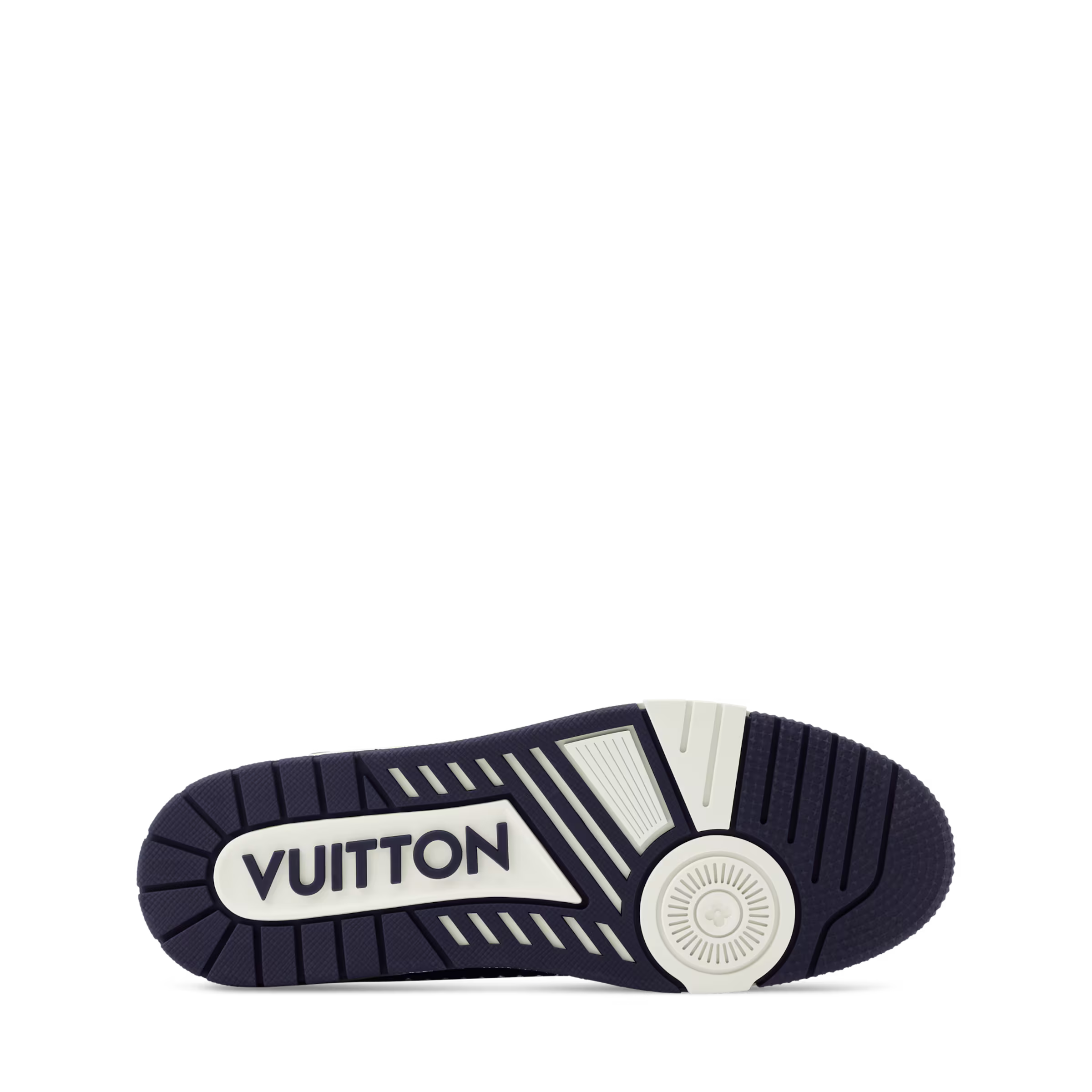 LV Trainer sneaker outsole, dark rubber tread with VUITTON heel emblem