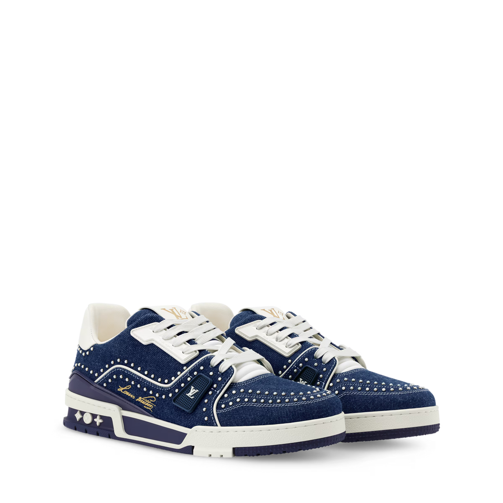 LV Trainer sneaker in navy blue suede with white laces and studded toe cap