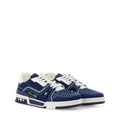 LV Trainer sneaker in navy blue suede with white laces and studded toe cap