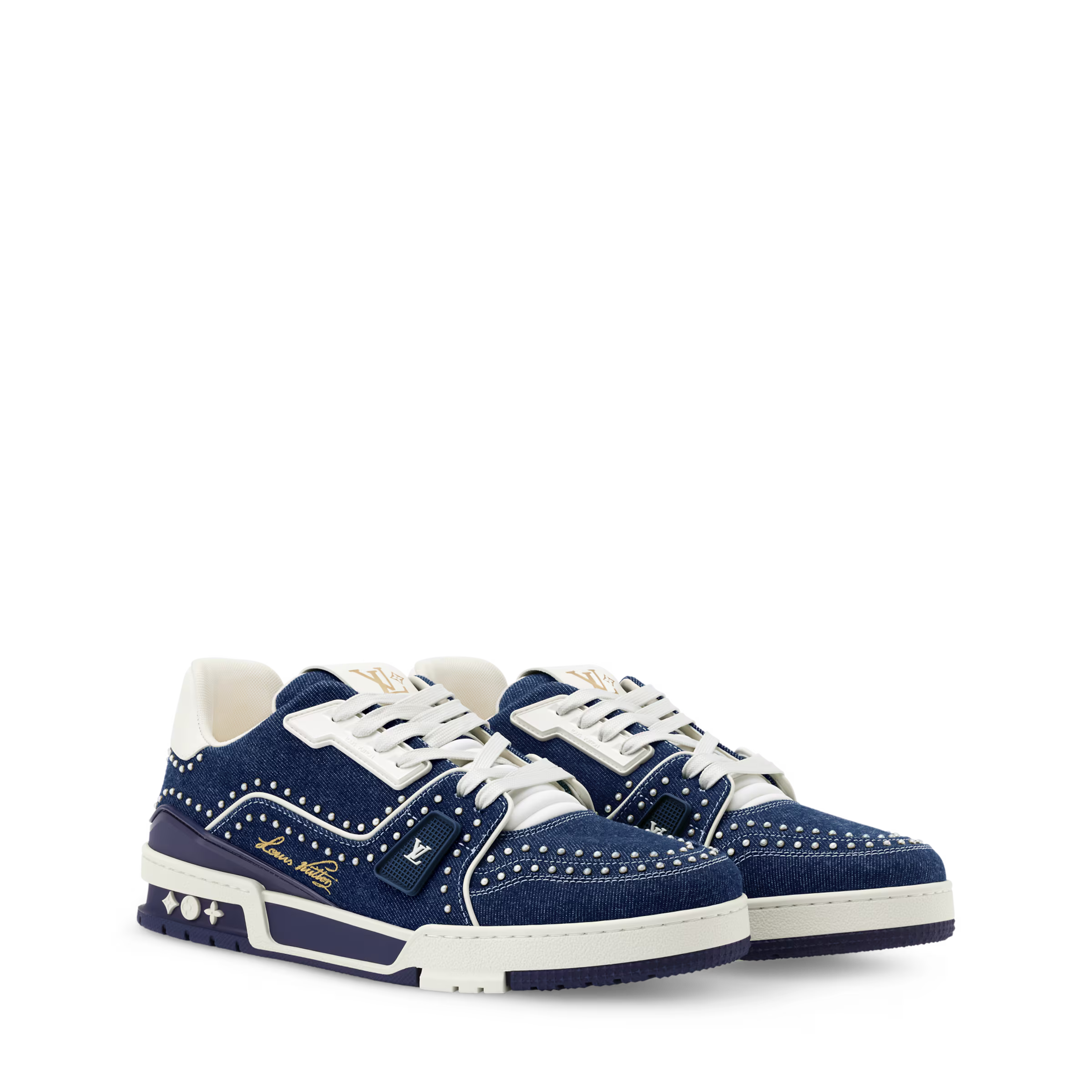 LV Trainer sneaker in navy blue suede with white laces and studded toe cap