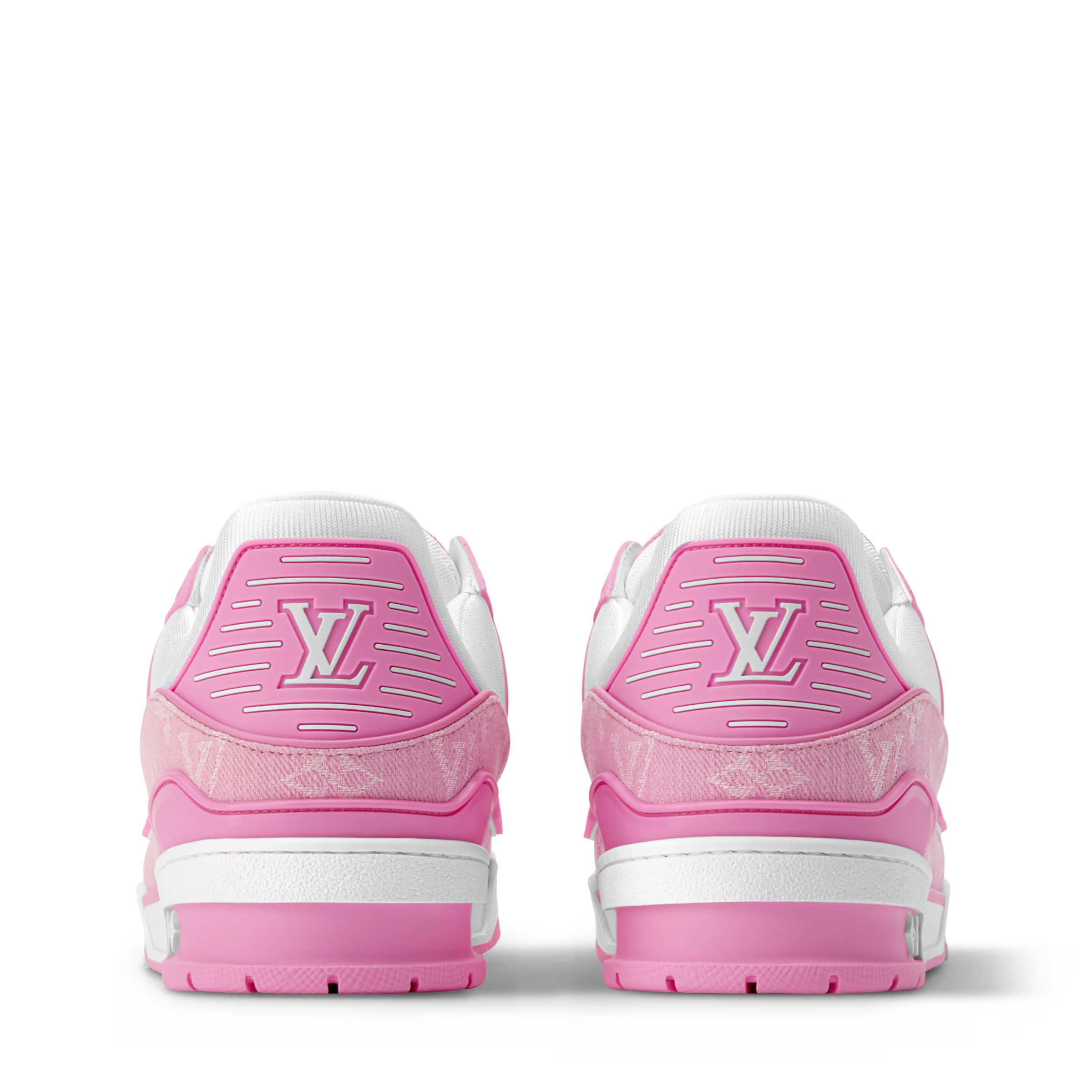 LV pink and white sneakers heel view with embossed logo on back and cushioned collar