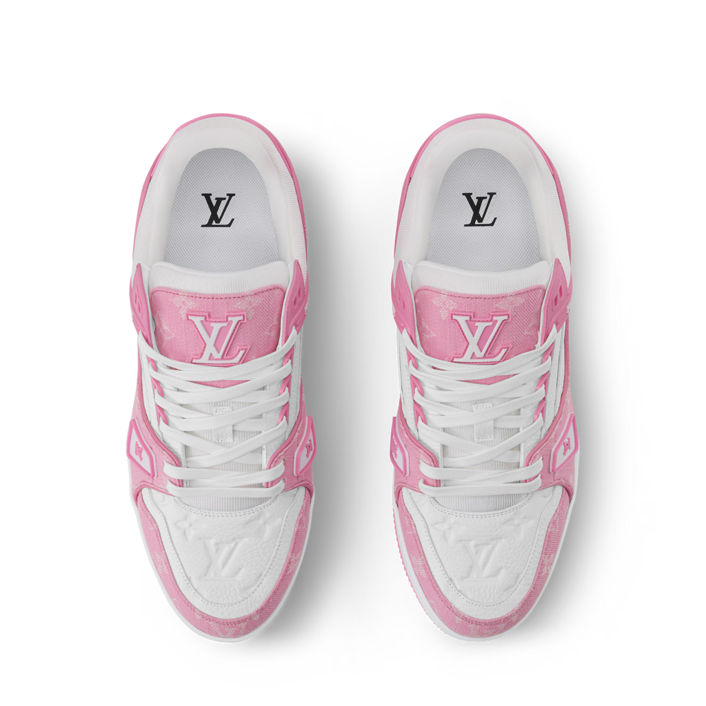 LV pink and white sneakers toe view with white laces and pink logo heel panels