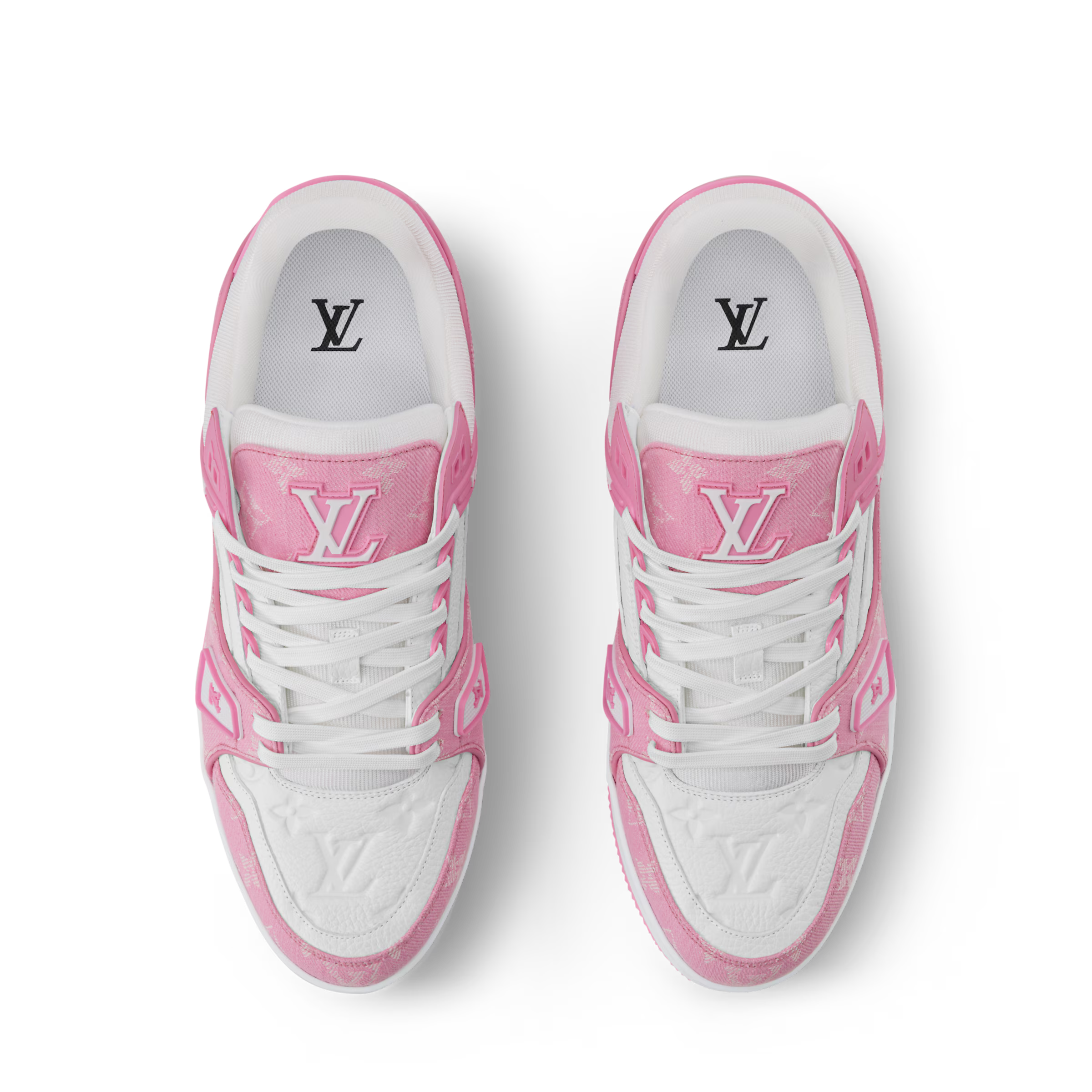LV pink and white sneakers toe view with white laces and pink logo heel panels
