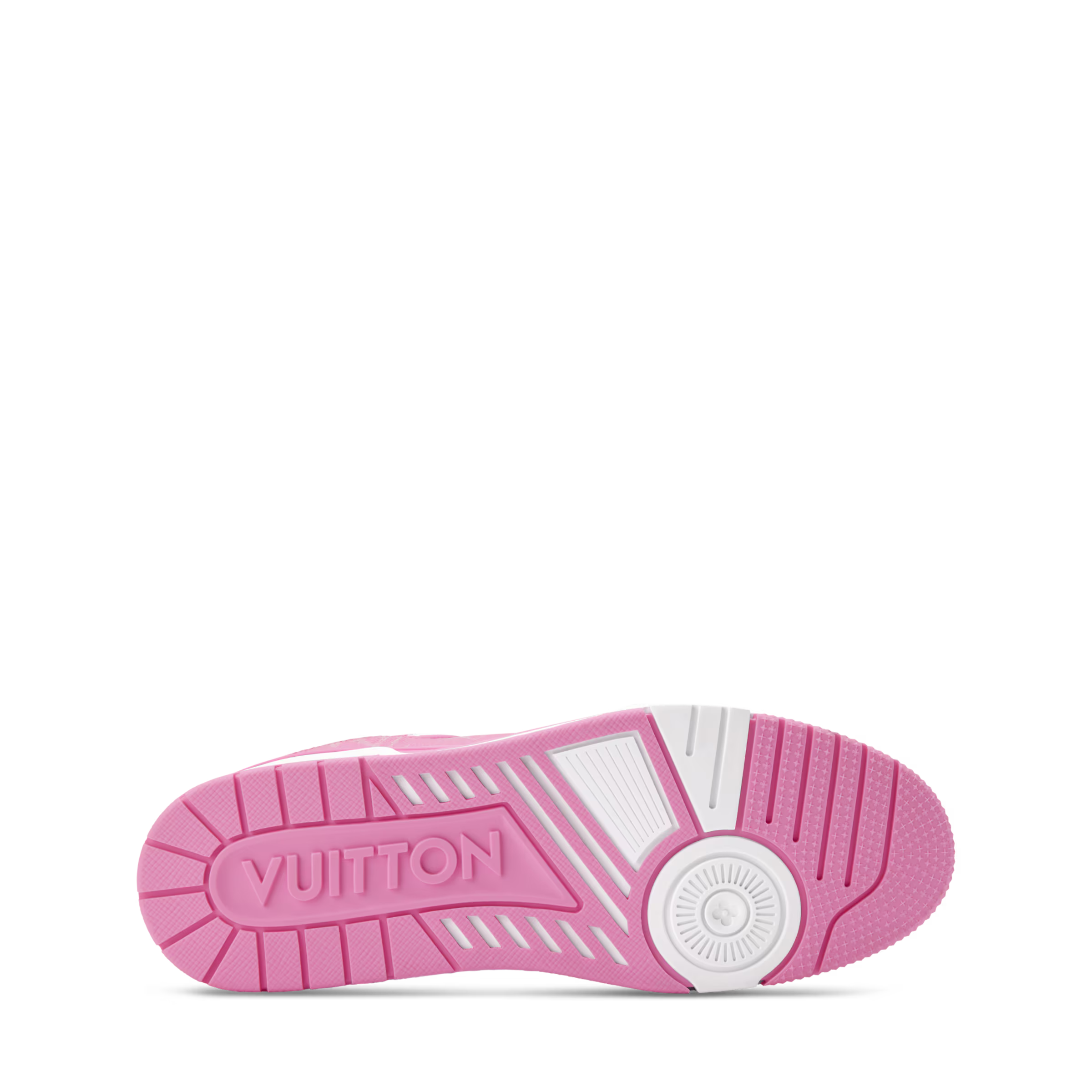 LV pink and white sneaker outsole with traction tread and circular brand detail