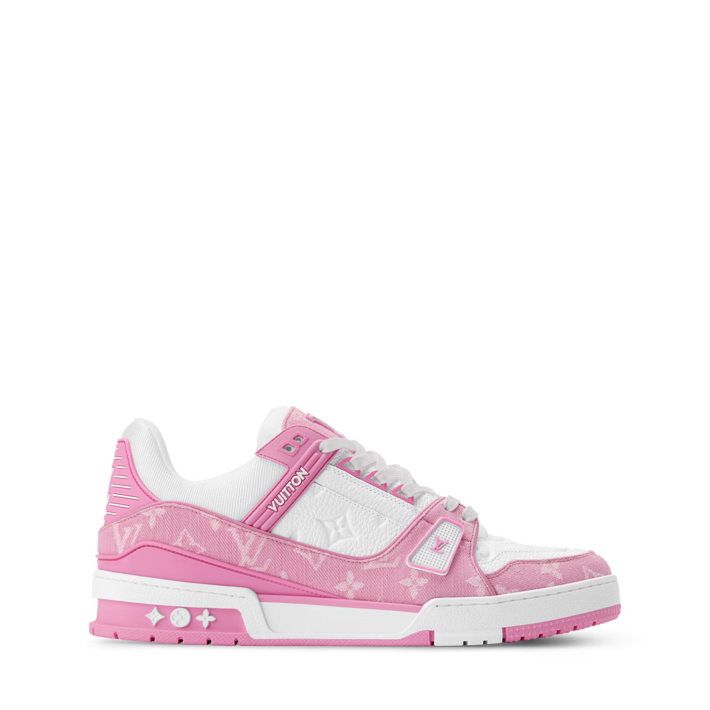 LV pink and white low-top lace-up sneakers angled side view with logo and lacing