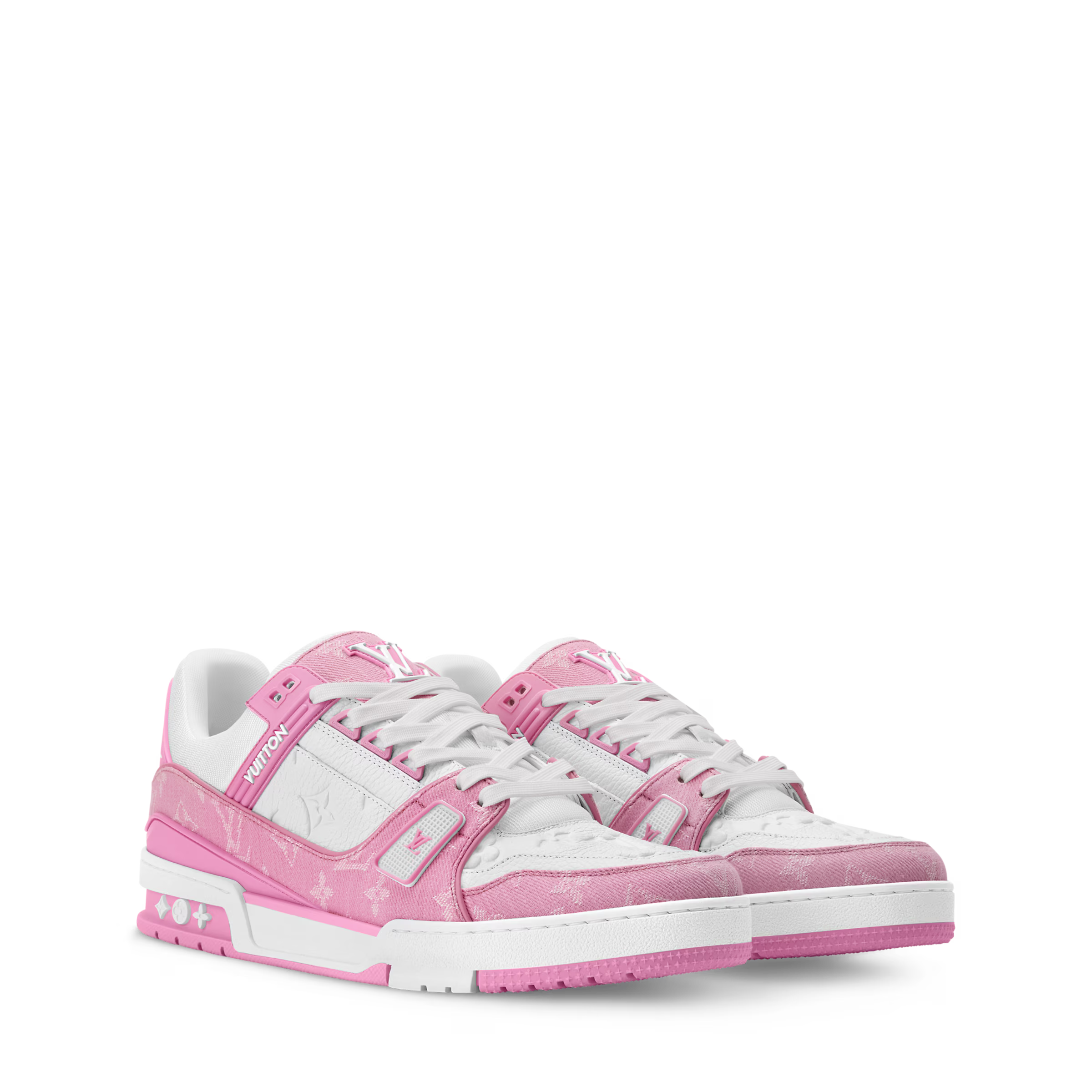 LV pink and white low-top lace-up sneakers with logo details and white rubber sole