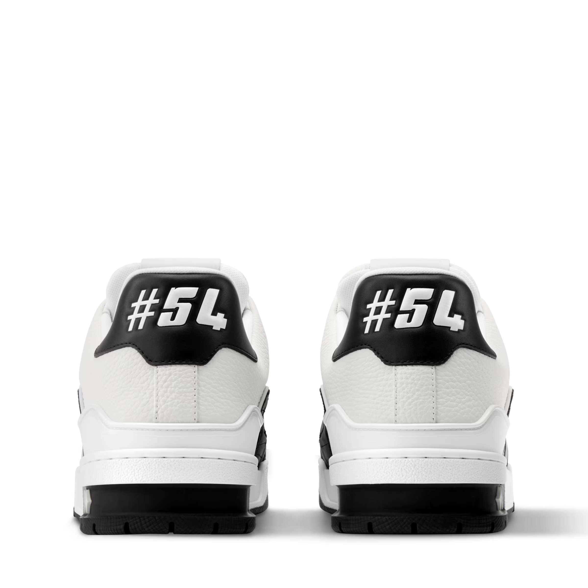 Black and white LV trainer sneakers, rear view with #54 heel panels