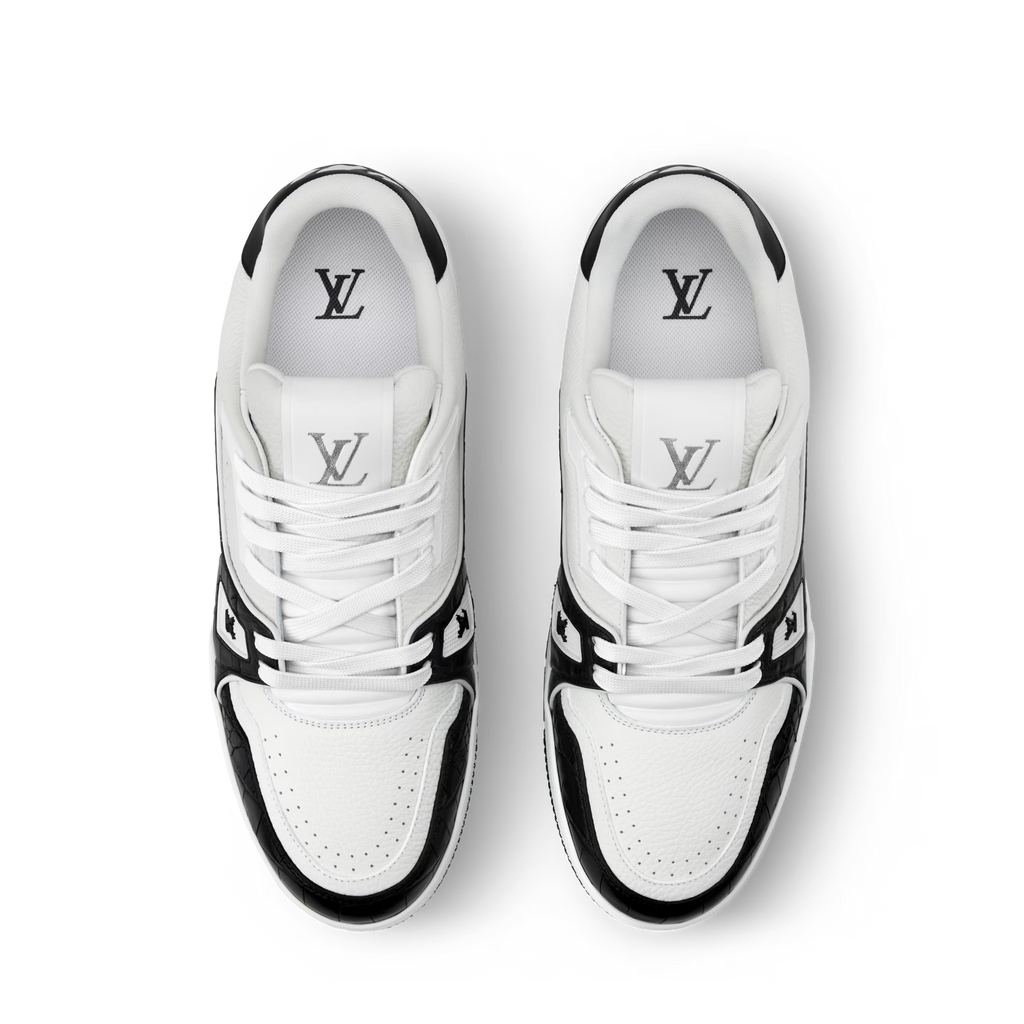 White LV trainer sneakers with laces and LV logo on tongue and heel