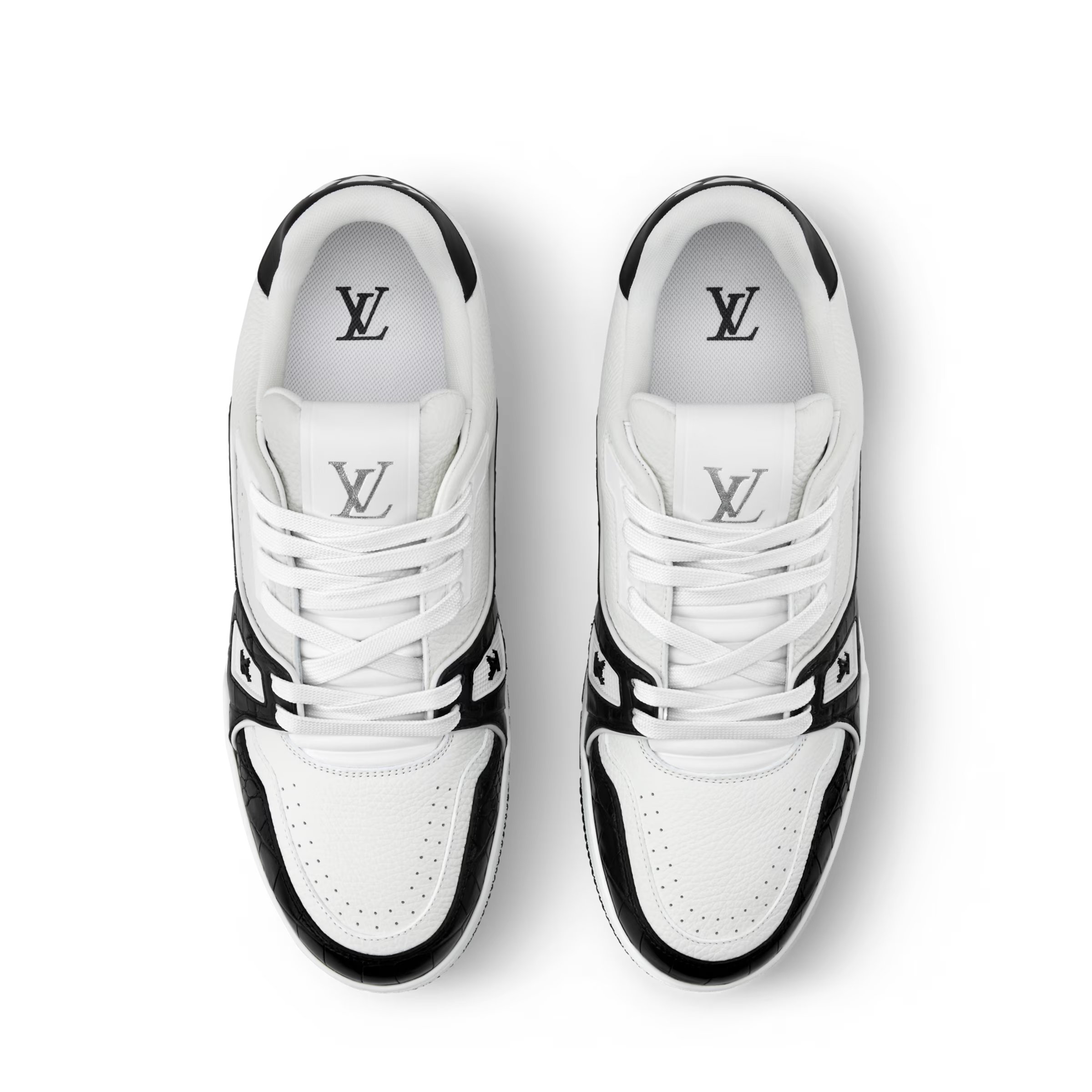 White LV trainer sneakers with laces and LV logo on tongue and heel