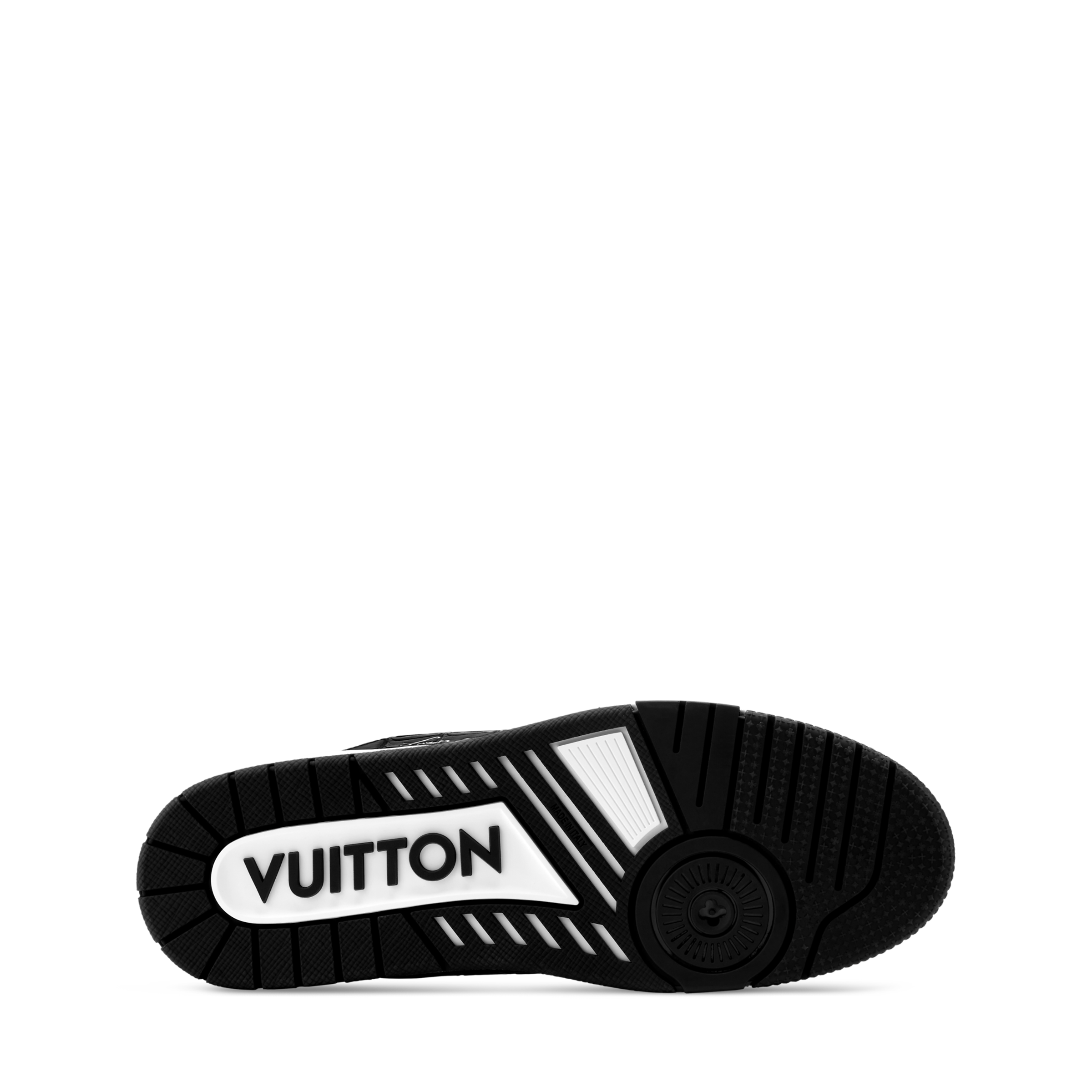LV trainer sneaker outsole with VUITTON lettering and textured rubber tread