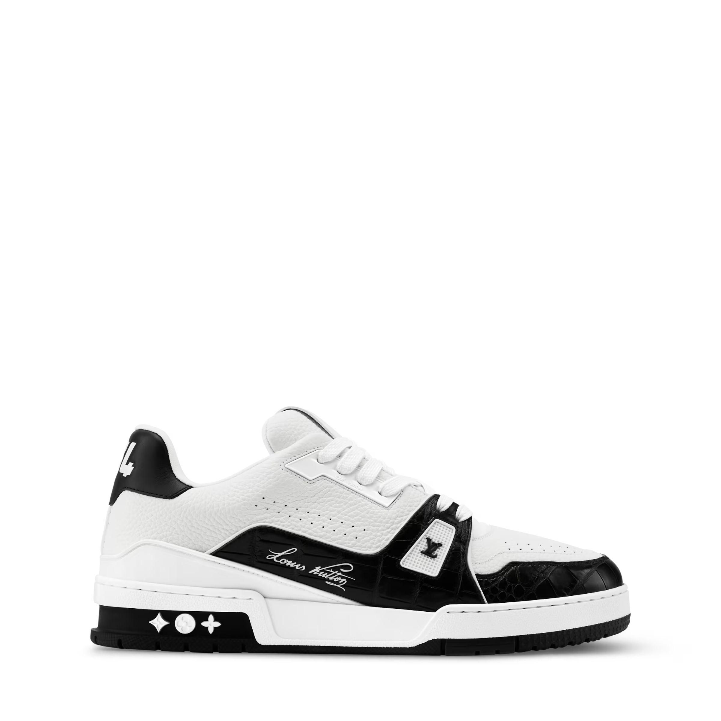 White and black LV trainer sneakers, side profile with black strap detail