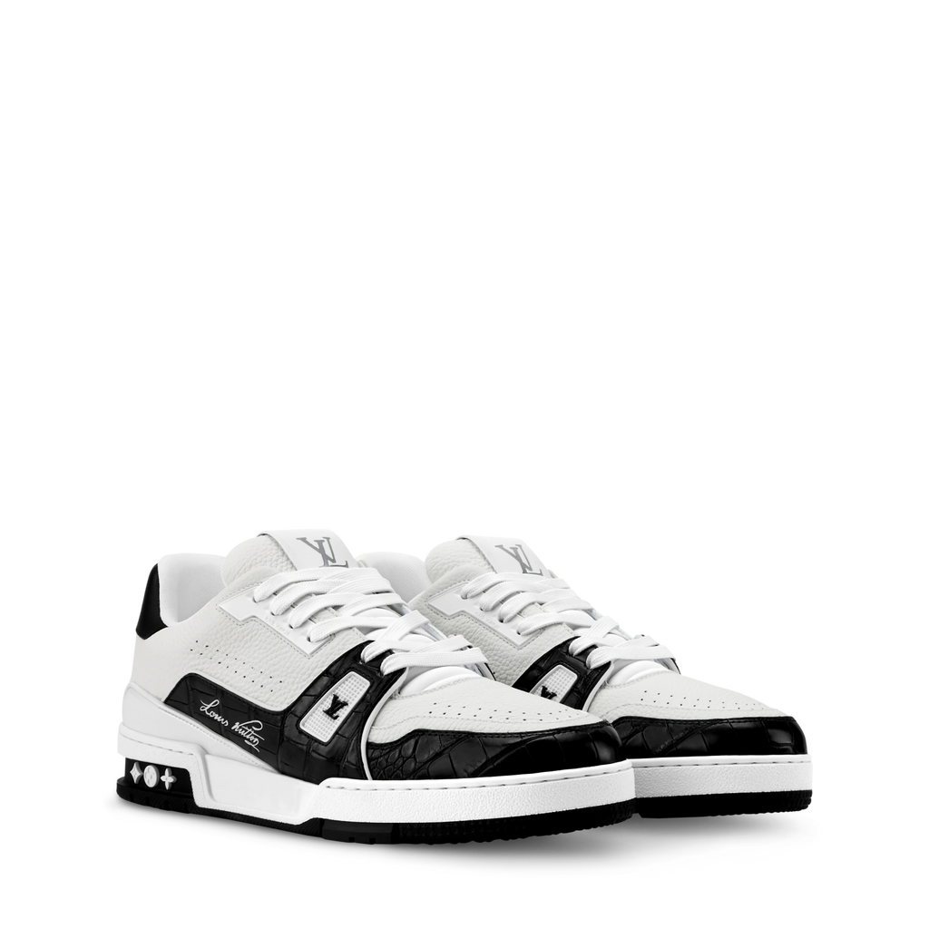 White and black LV trainer sneakers with lace-up front and side LV emblem