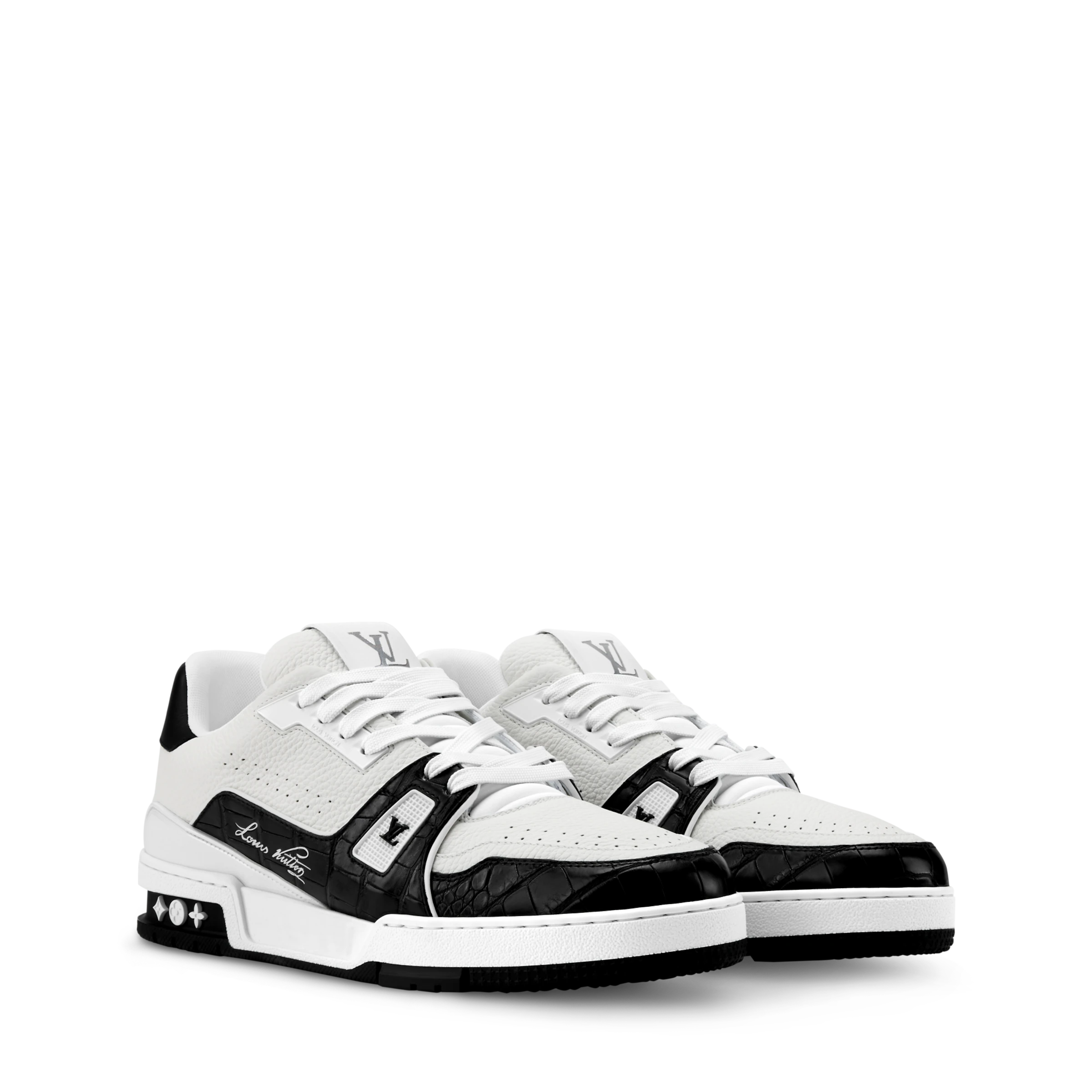 White and black LV trainer sneakers with lace-up front and side LV emblem
