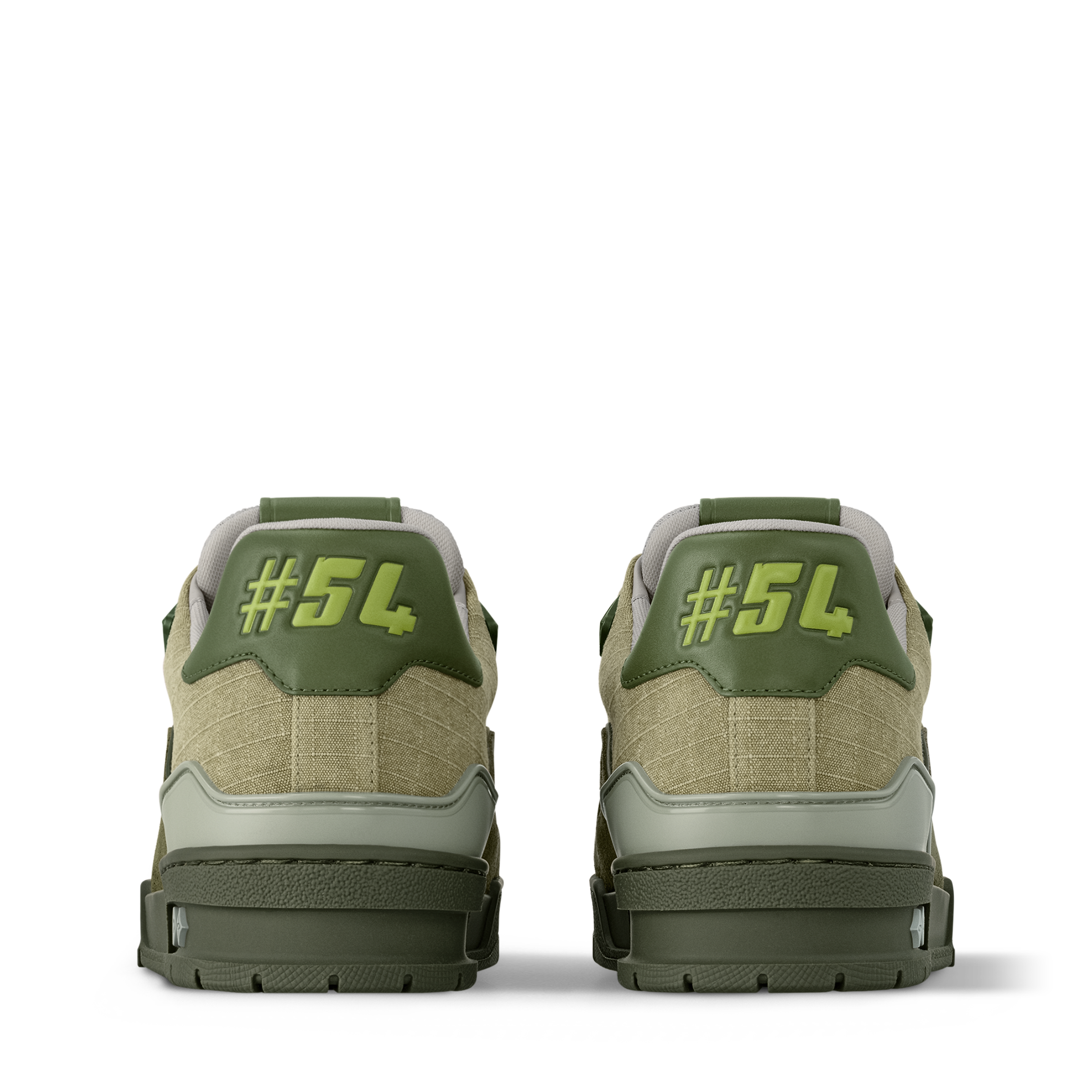 Olive green sneaker backs with #54 size marking and hook-and-loop strap