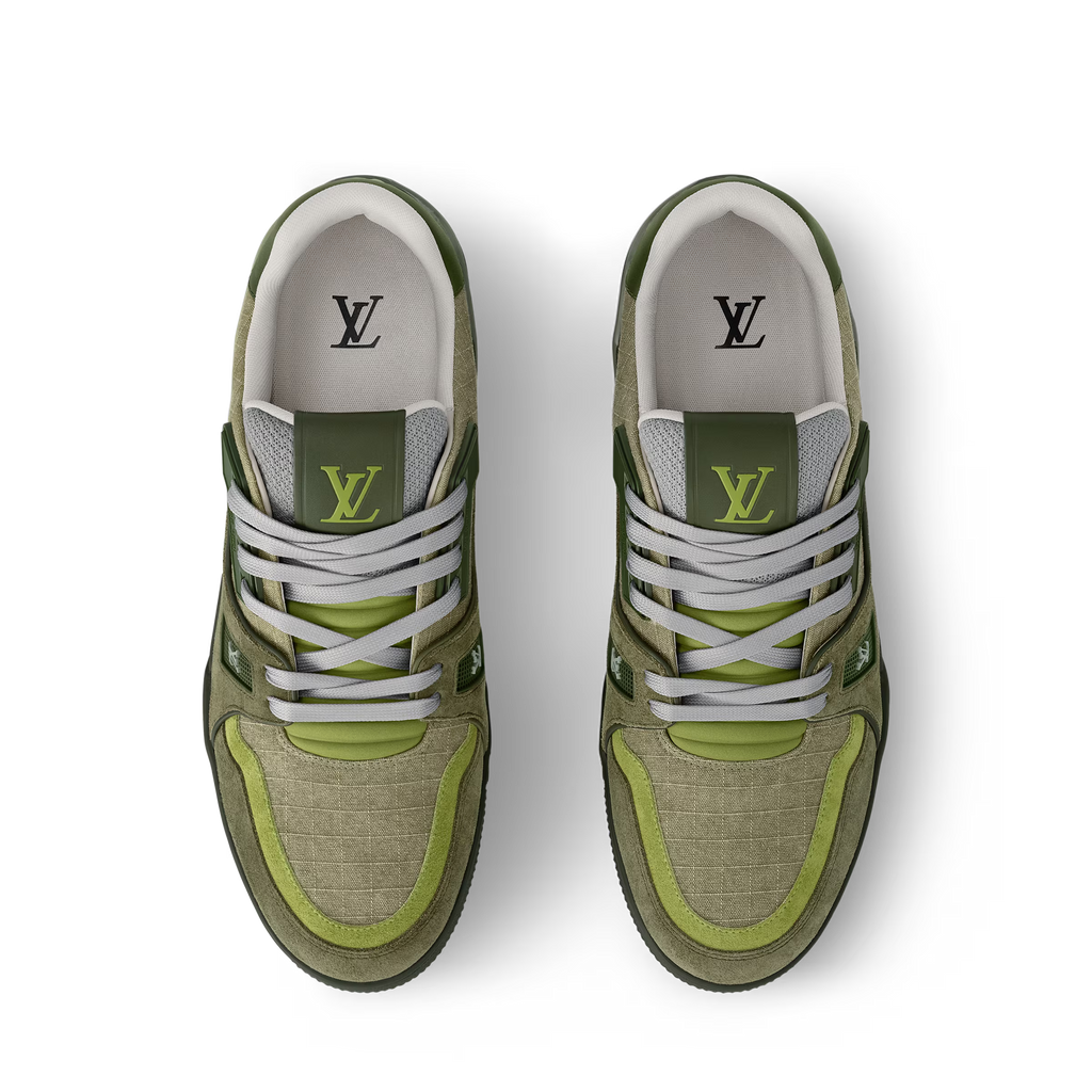 Olive and green low-top sneakers with LV heel tabs and white lace-up front