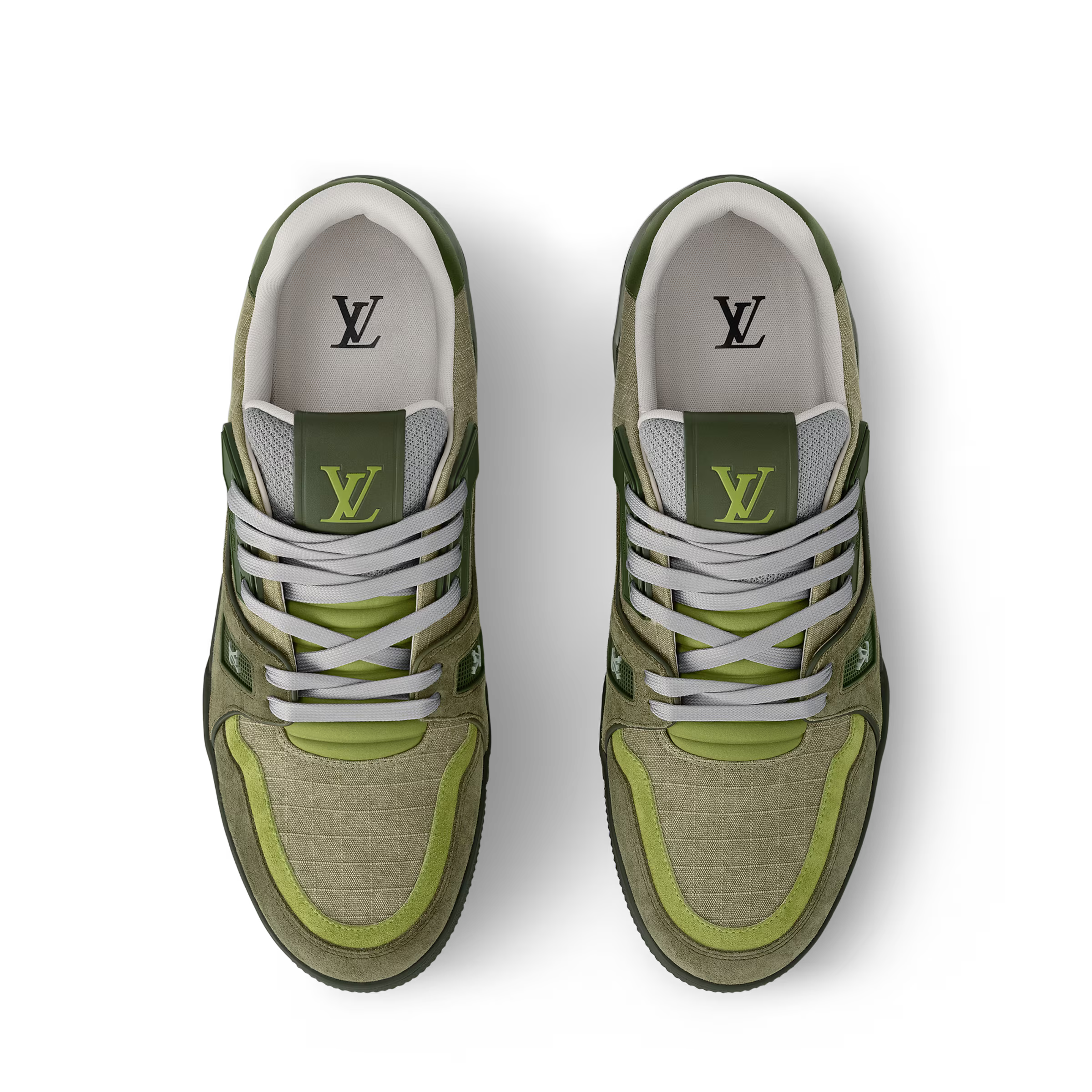 Olive and green low-top sneakers with LV heel tabs and white lace-up front