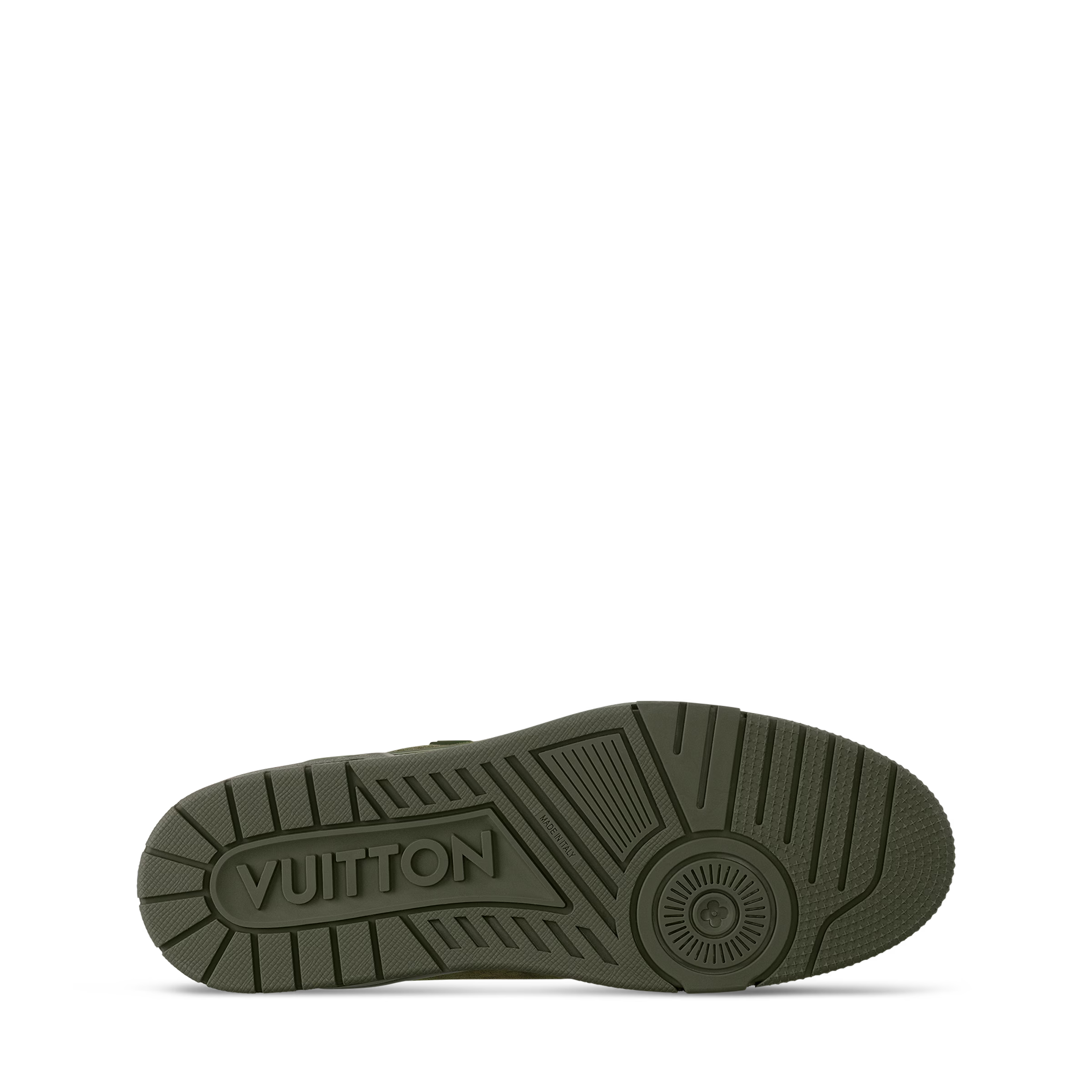 Olive green rubber outsole with LV lettering and textured tread pattern