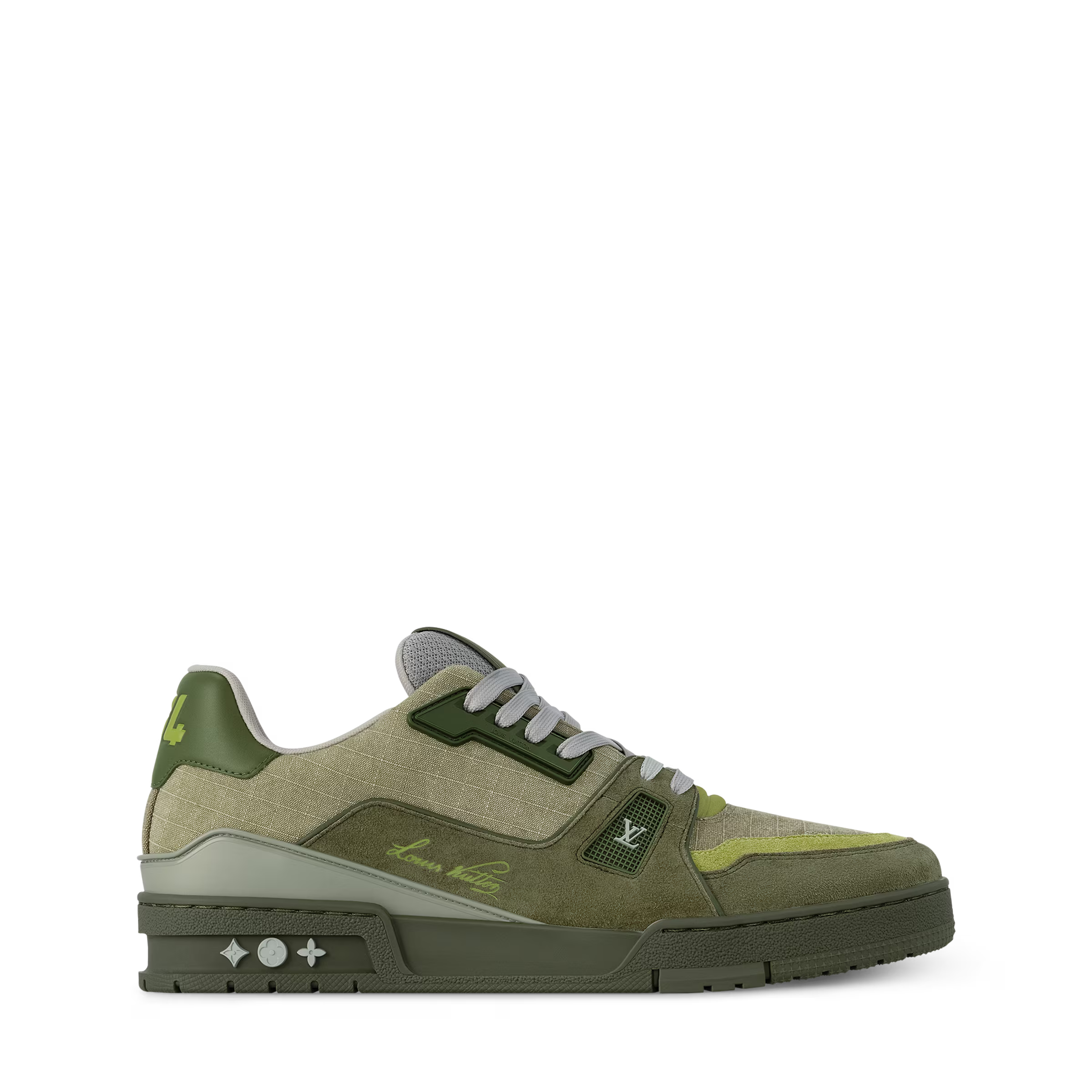 Olive green low-top sneaker with white laces, green overlays, side LV logo