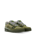 Olive green LV trainer sneaker with white laces and green heel logo