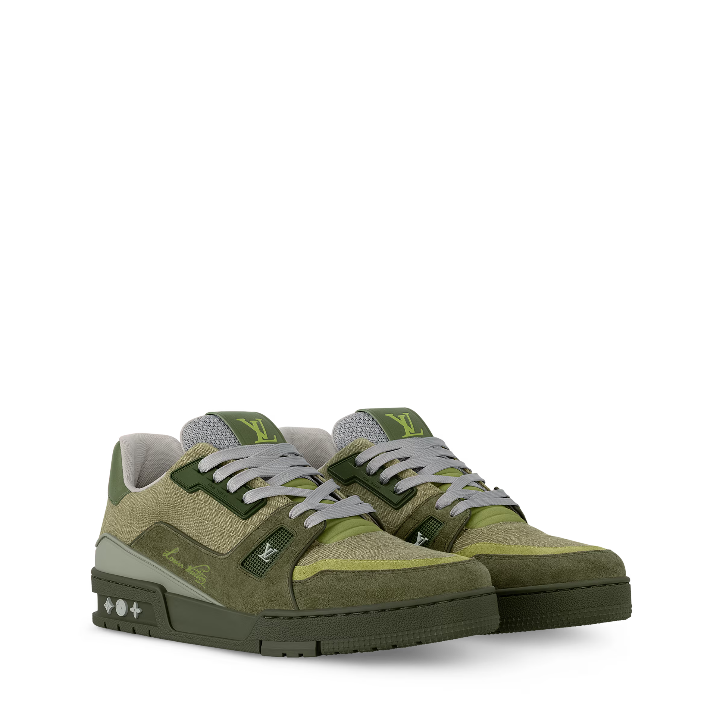 Olive green LV trainer sneaker with white laces and green heel logo